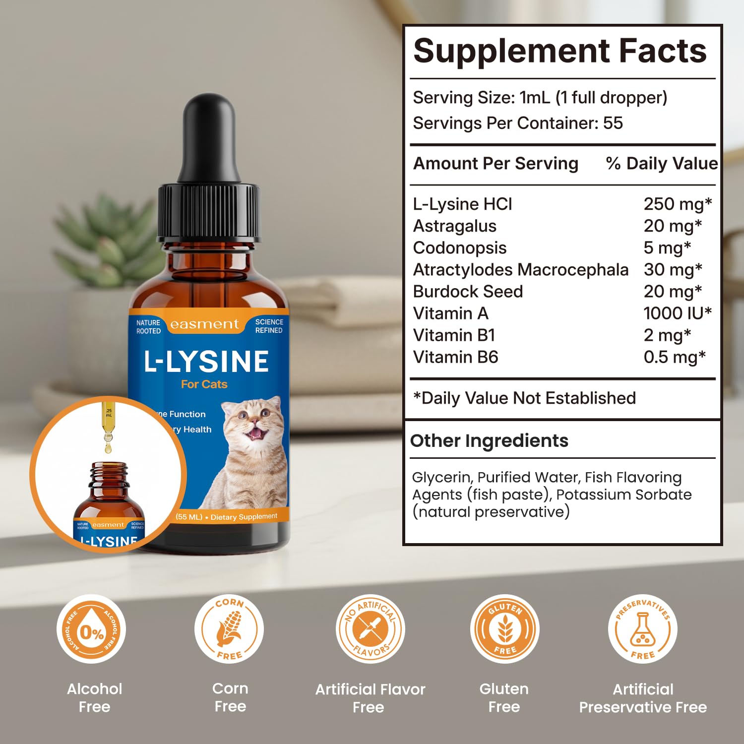 L-Lysine for Cats Liquid Drops Fish Flavor: Immune Support & Respiratory Wellness, Eye & Nose Comfort Pour Chat– Easy-to-Give Cat Lysine Supplement with Botanical Blend + Vitamins A, B1 & B6, 55mL — view 2