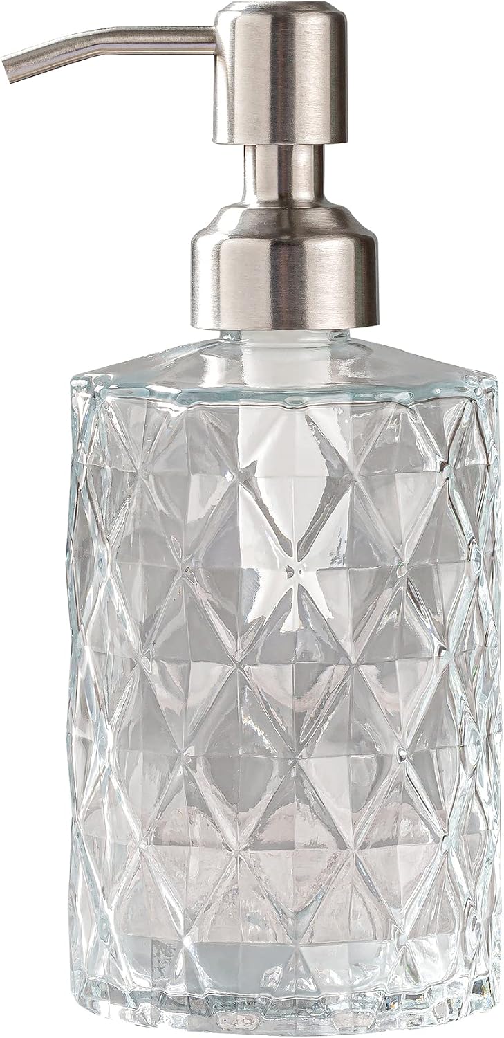 Easy Tang Glass Hand Dish Soap Dispenser for Bathroom Kitchen 12 Oz Crystal Design with Silver Pump Refillable Liquid Soap Dispenser (Clear)