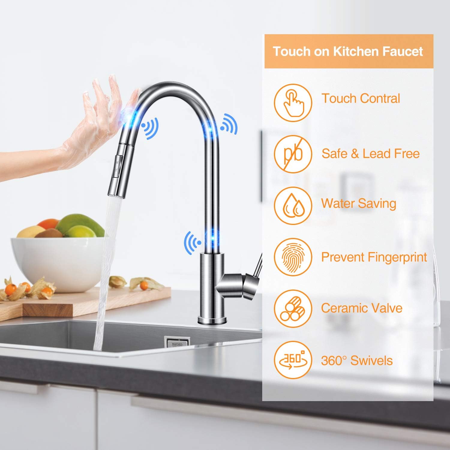 Crеаtіvе Prоduсt Touch Kitchen Faucets with Pull Down Sprayer, Touch On Single Handle Smart Kitchen Sink Faucet with Pull Out Sprayer, Stainless Steel Touch Activated Fingerprint Resistant (Silver)