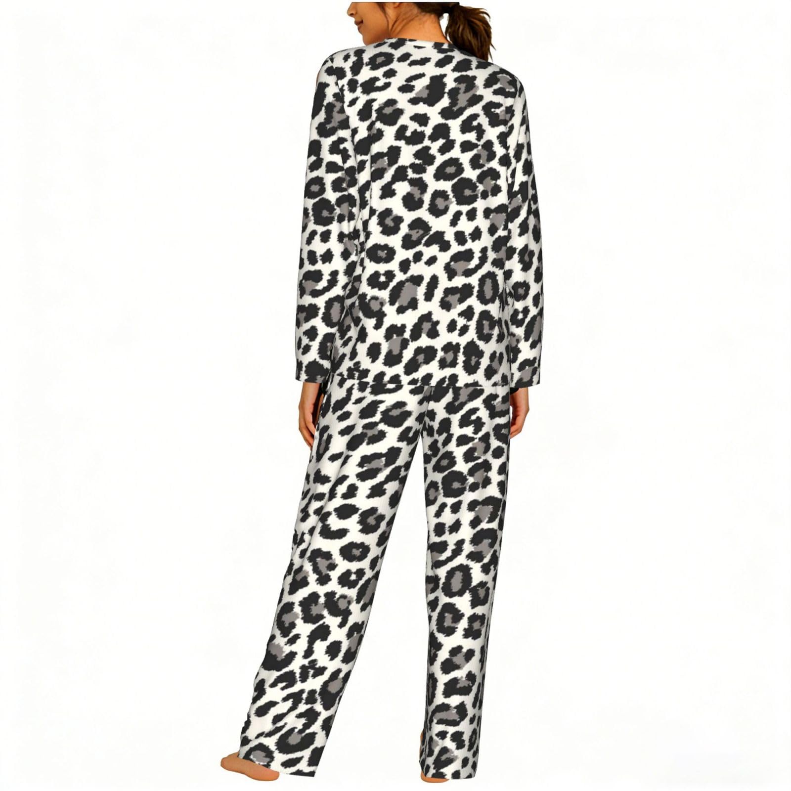 Pigiama da donna con stampa leopardata a maniche lunghe abbinato morbido elastico coulisse casual Daywear