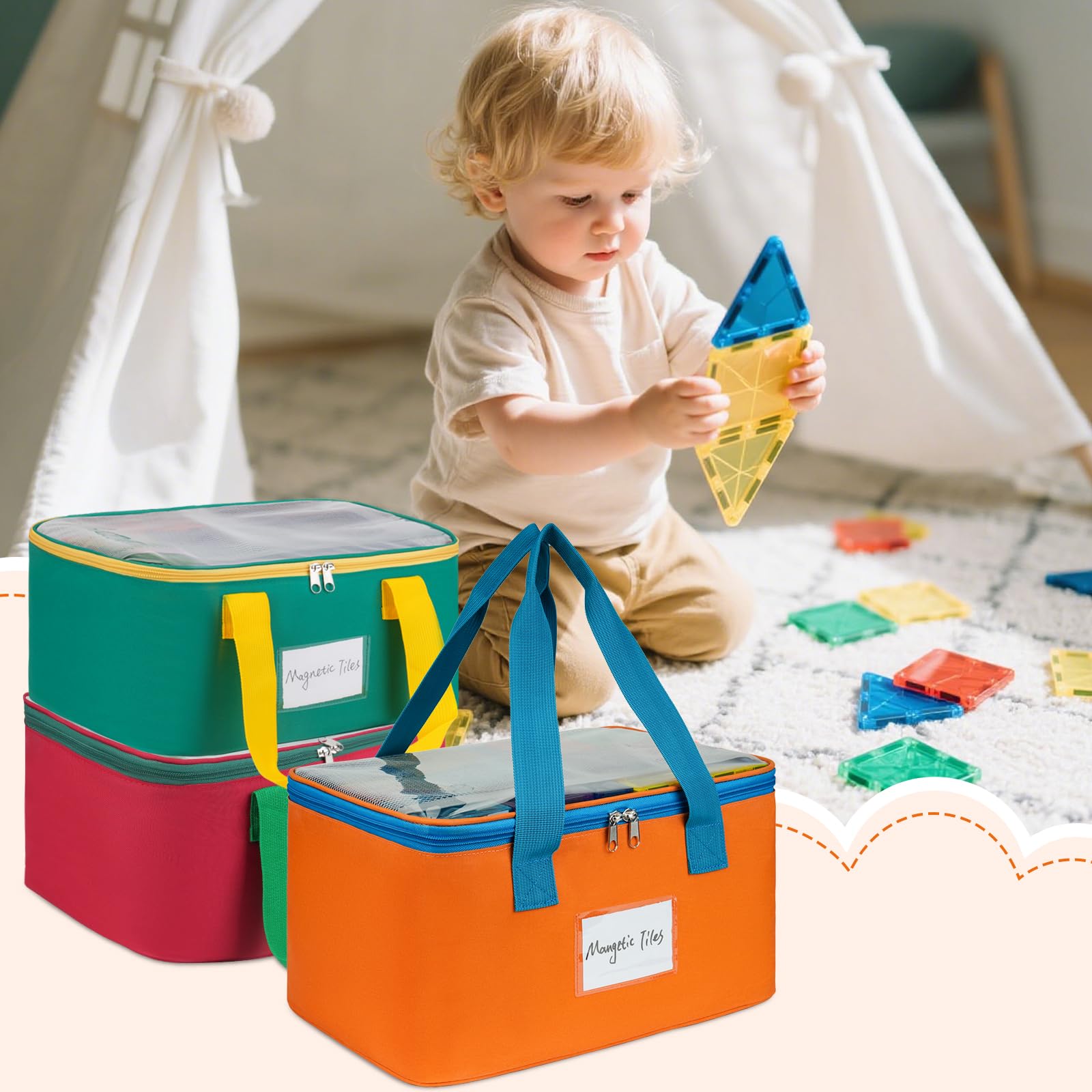 3 Packungen große magnetische Fliesen-Aufbewahrungstaschen, magnetischer Fliesen-Aufbewahrungsbehälter, Spielzeug-Organizer mit Netztasche und Tag-Tasche für Magnetbaufliesen, Brettspiel, Puzzle und