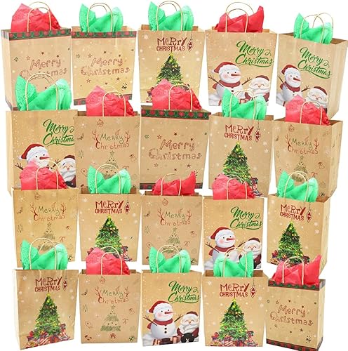 20 bolsas de regalo de papel kraft de Navidad, bolsas de regalo de papel tradicionales con impresiones navideñas, 4 estilos de bolsas de papel de