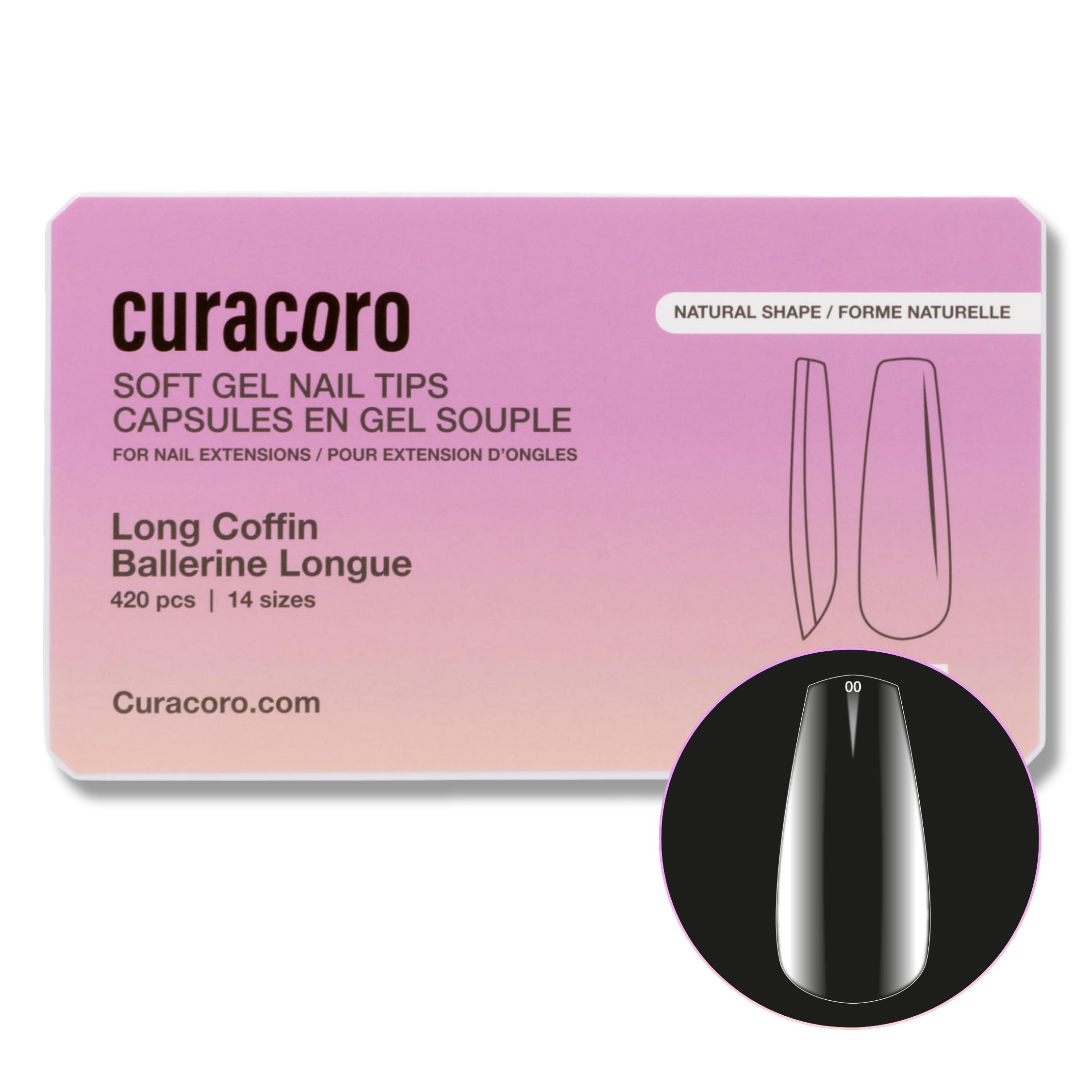 Curacoro Natural Nail Soft Gel Tips, 420Pcs Clear Full Cover Acrylic Gel Tip, 14 Sizes, Long-Lasting Salon Quality