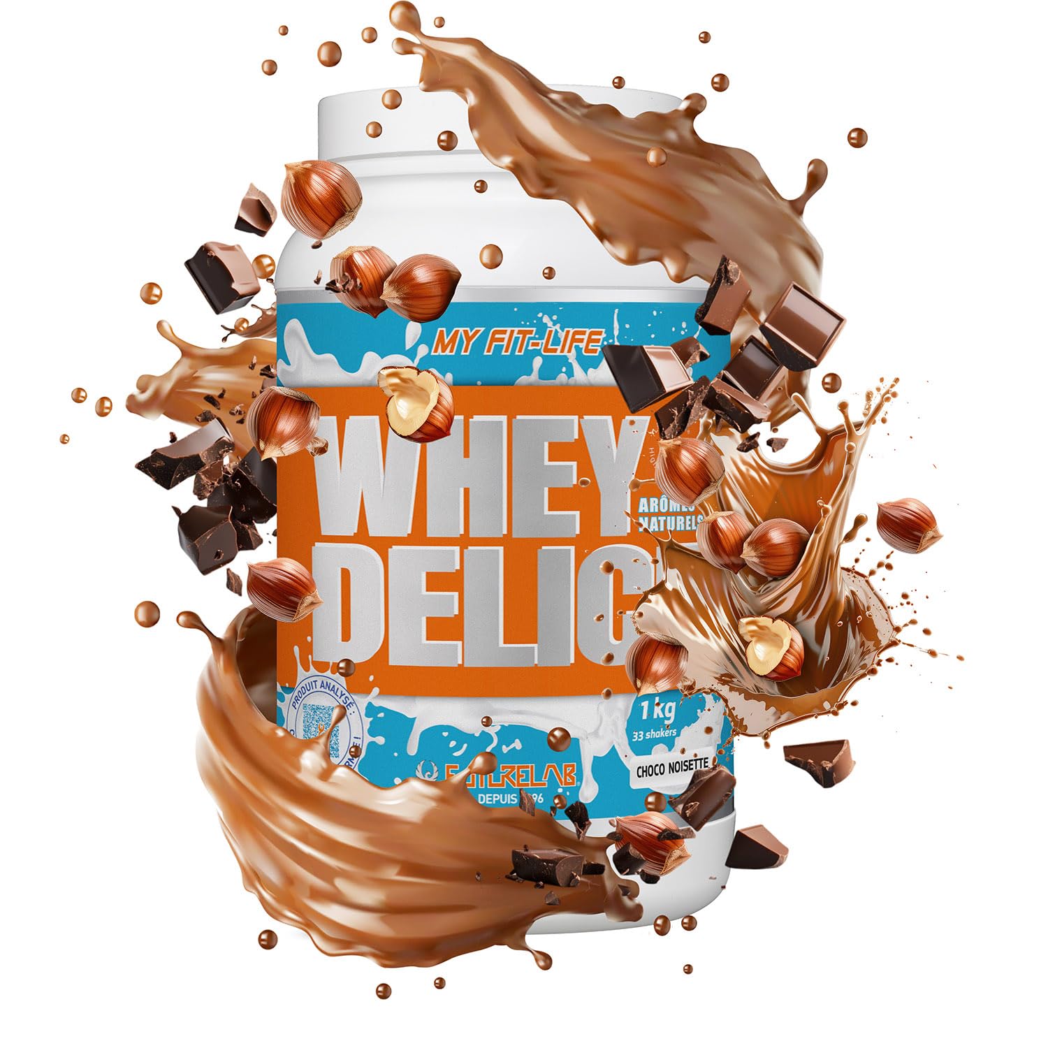 Whey Delice | 100% Whey Protéine labellisée Lacprodan®, jusqu’à 75% de protéine | Construction et Récupération Musculaire | Chocolat Noisette | 33 Portions | 1 kg