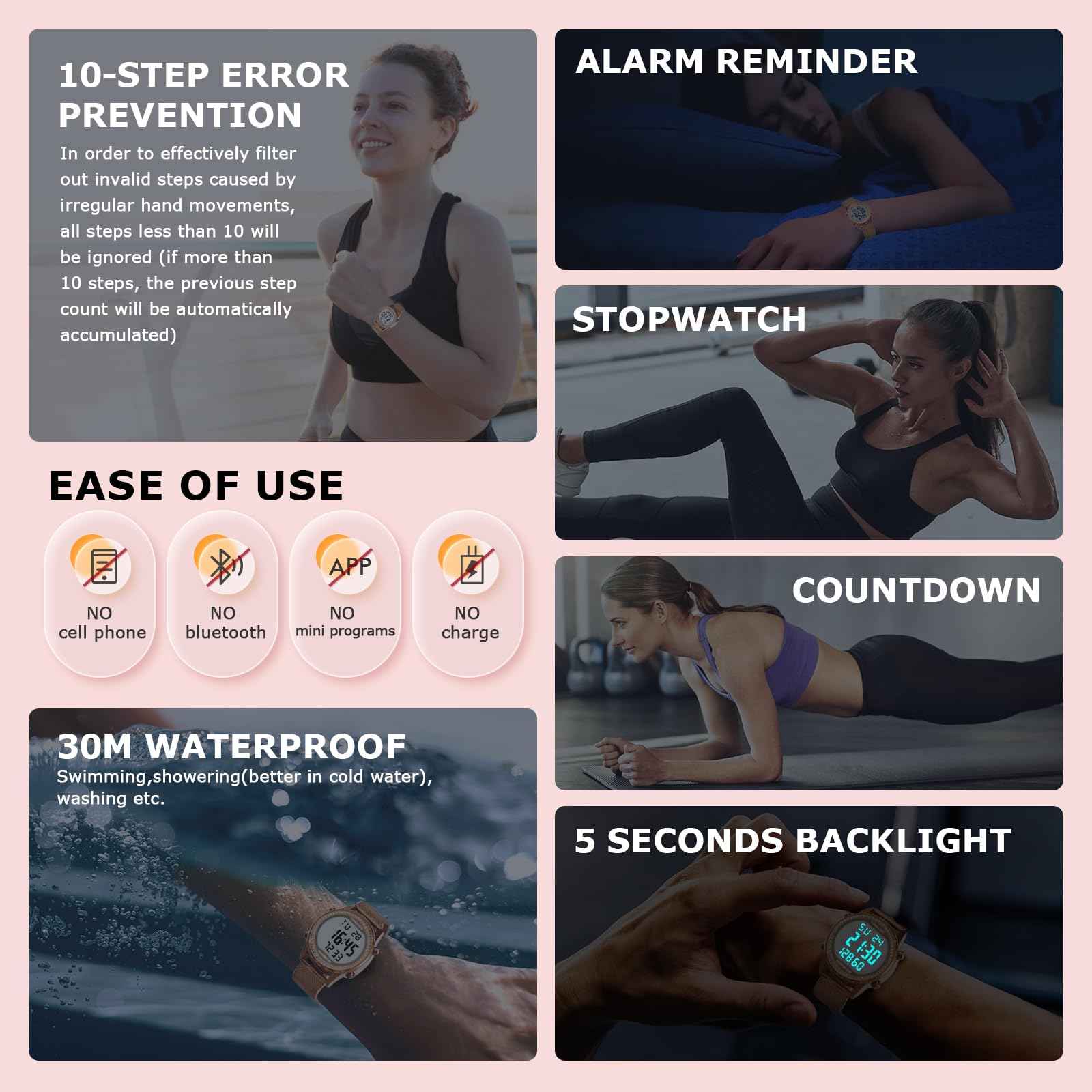 TIMEURE Reloj podómetro para mujer, con contador de pasos, piedra de cristal, sin aplicación, no necesita carga para pasos, calorías, seguimiento de distancia, alarma, temporizador de cuenta