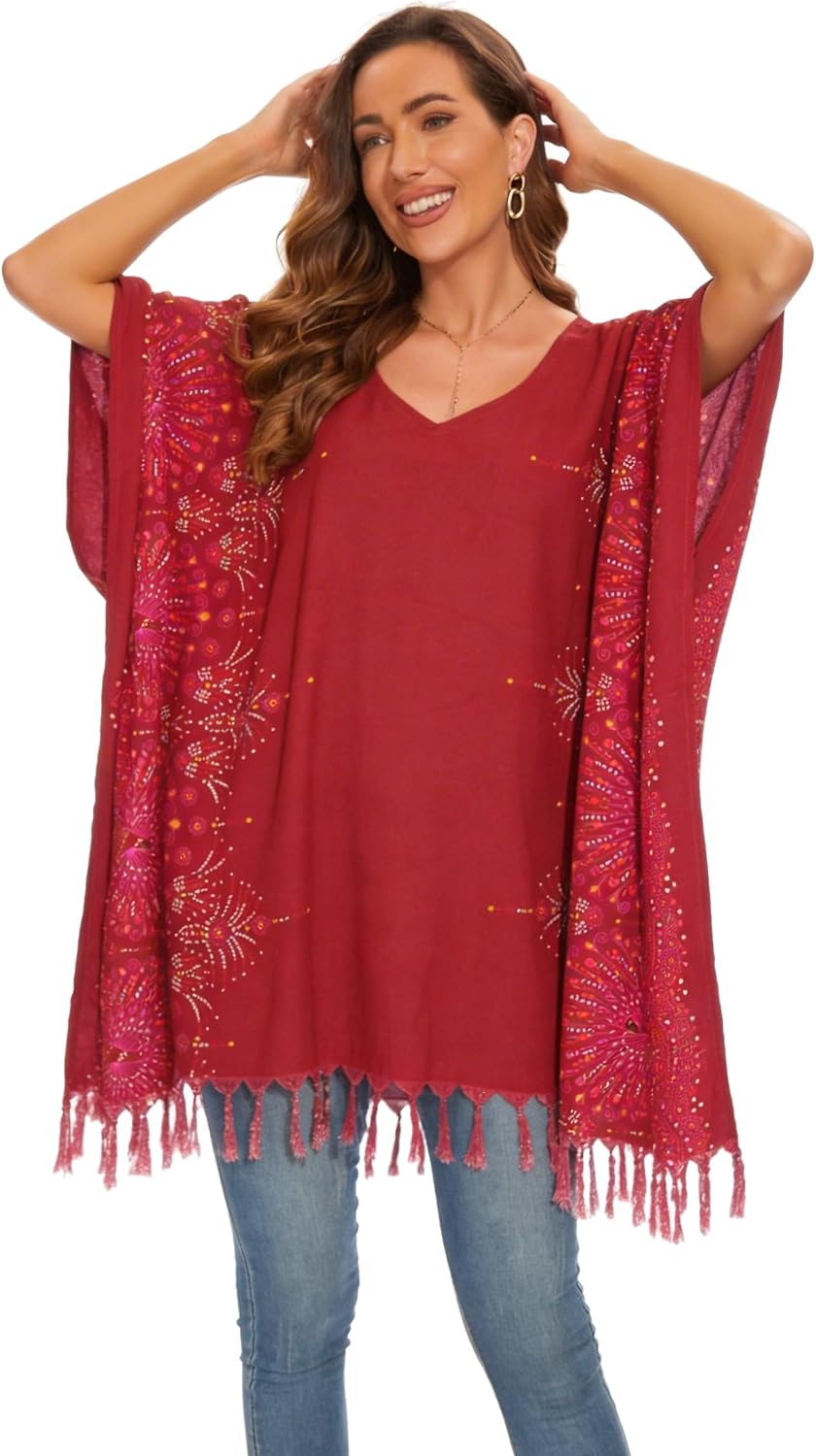 Beautybatik Women Plus Size Tunic Tops Boho Flora Printed Short Sleeve V Neck Shirt XL to 4X