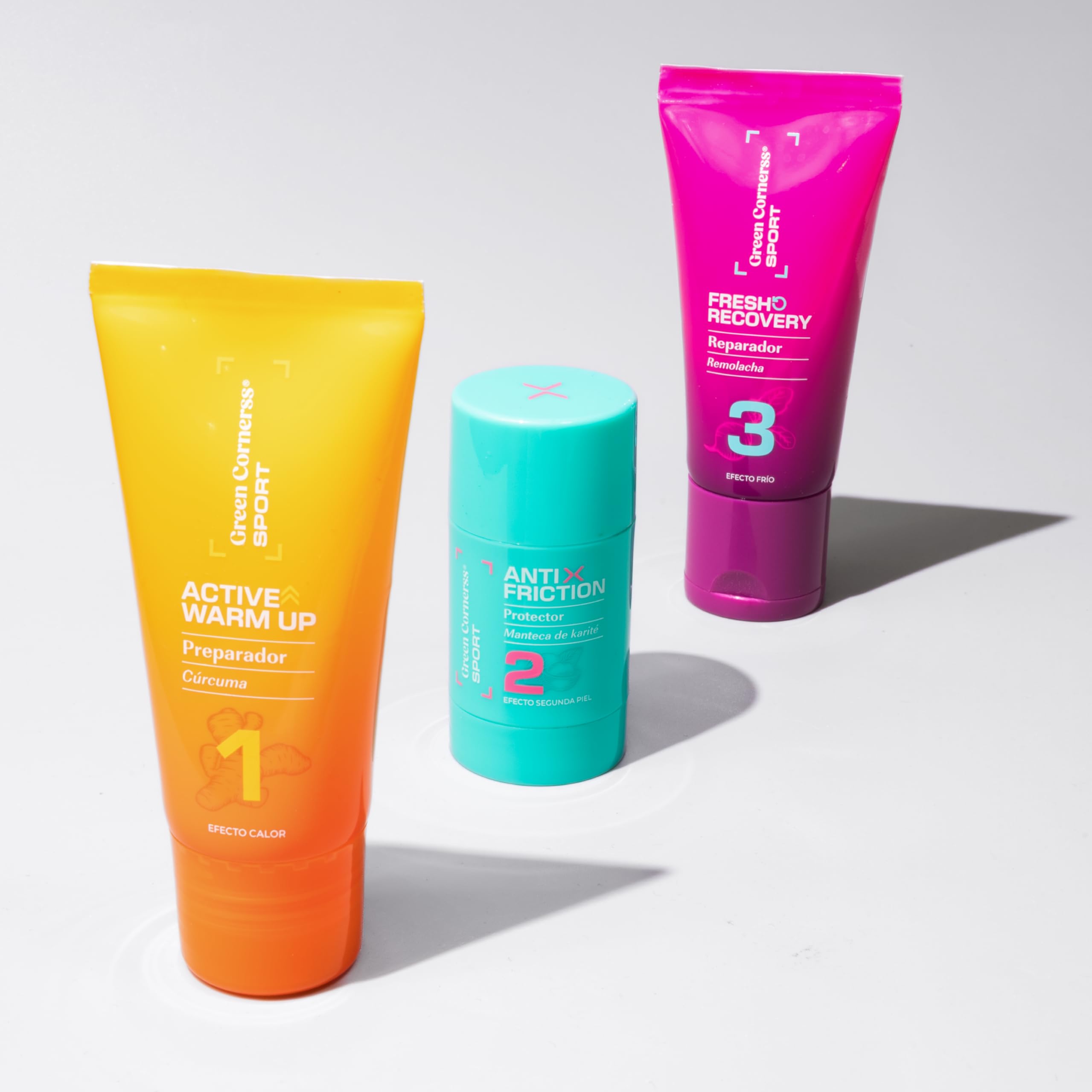 PACK GREEN CORNERSS SPORT BY VERDELISS - Calentamiento Pre-Ejercicio, Anti-Rozaduras y Recuperación Post-Ejercicio, 50ml/30g/50ml