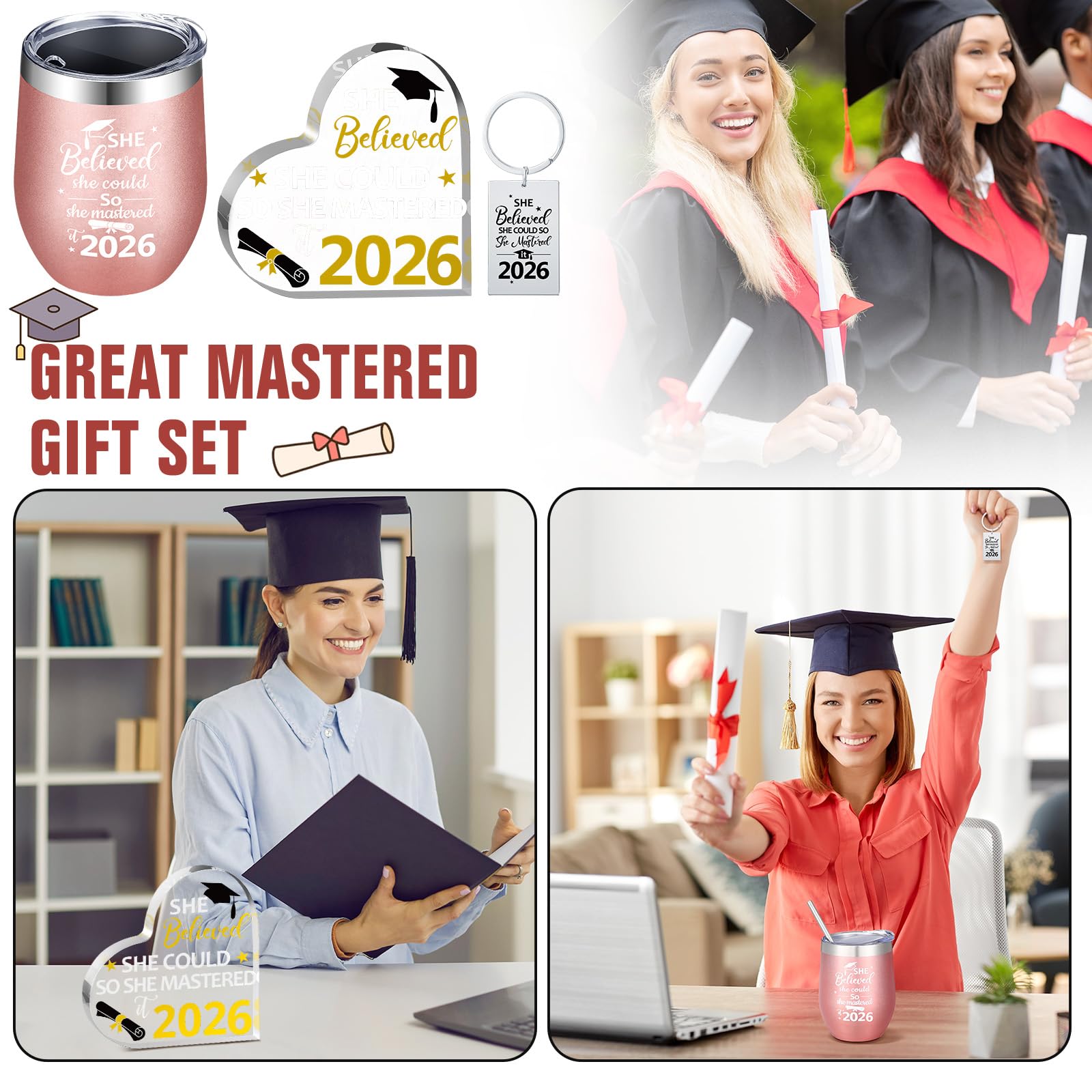 Gerrii 3 Pcs Masters Graduation Gift Set She Believed She Could So Mastered It 2026 Insulated Tumbler 12 oz Acrylic Heart Decor Keychain Graduation Master Degree Christmas Gift for Women(Master)