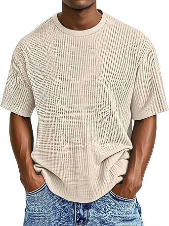 Mens Knit Waffle T Shirt Casual Textured Crewneck Tees Solid Color Short Sleeve Tee Summer Breathable Stylish Shirts