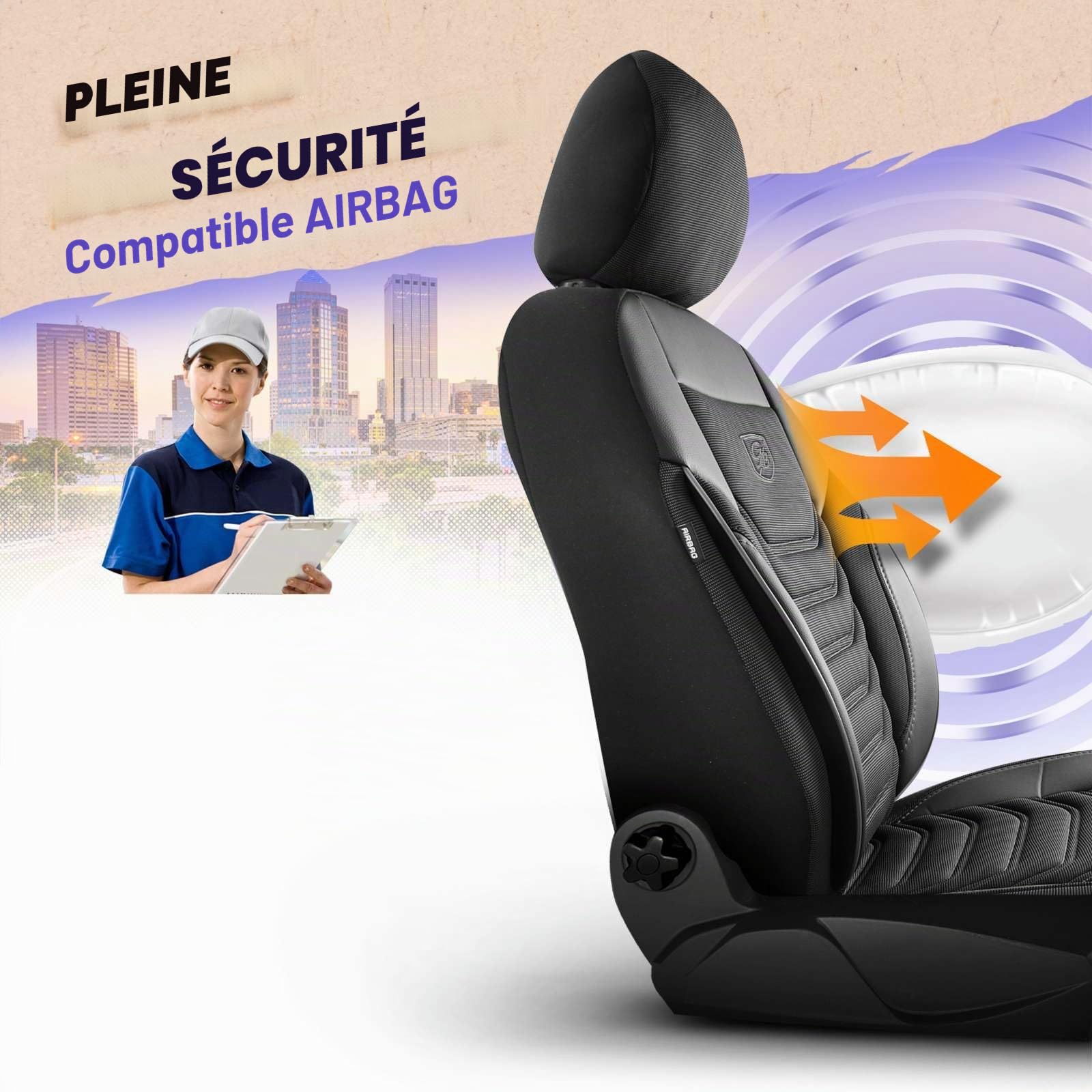 Housses de sièges auto universelles pour voitures et SUV - Housse de siège avant premium en tissu piqué, Noir/Gris, Housse de siège compatible airbag, Housse de siège auto, Ensemble