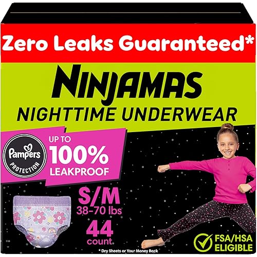 Ninjamas Girls Bedwetting Nighttime Underwear, Size S/M (38-70 lbs), 44 Count, Overnight Protection, Ultra Absorbent, Hypoallergenic