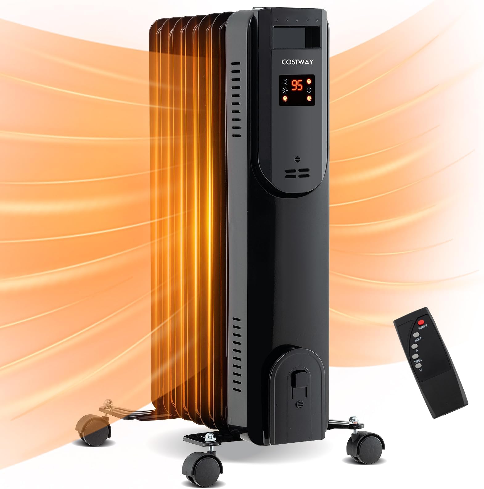 - COSTWAY Oil Filled Radiator Heater, 1500W Electric Radiant Space Heater with Adjustable Thermostat, 3 Heat Settings, Overheat & Tip-Over Protection, Portable Heater for Home, Office & Indoor Use