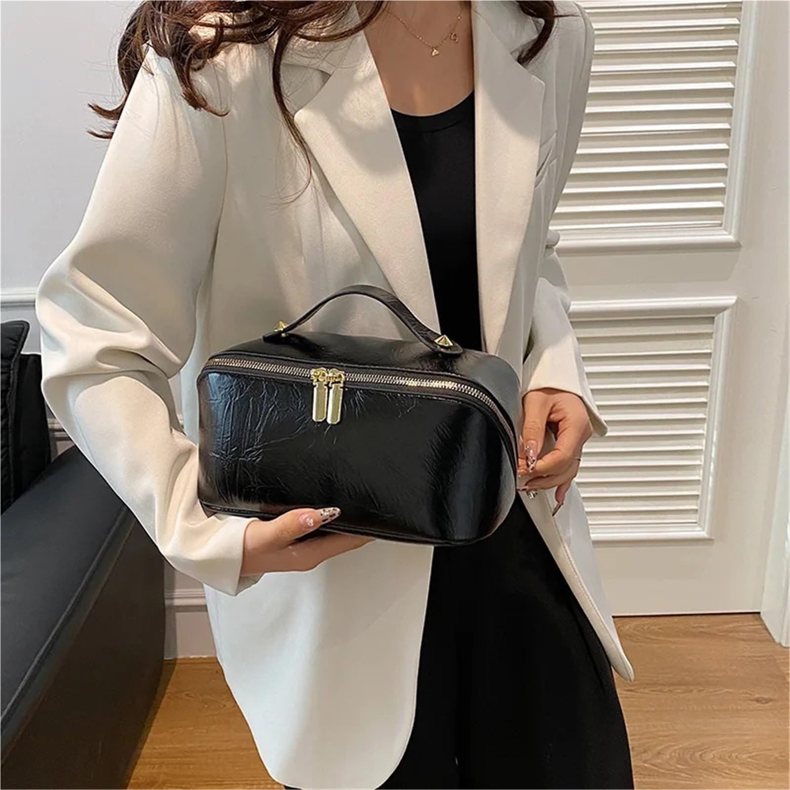 Borse da viaggio in pelle for cosmetici, borsa multifunzionale for il lavaggio e il trucco da donna(Black)