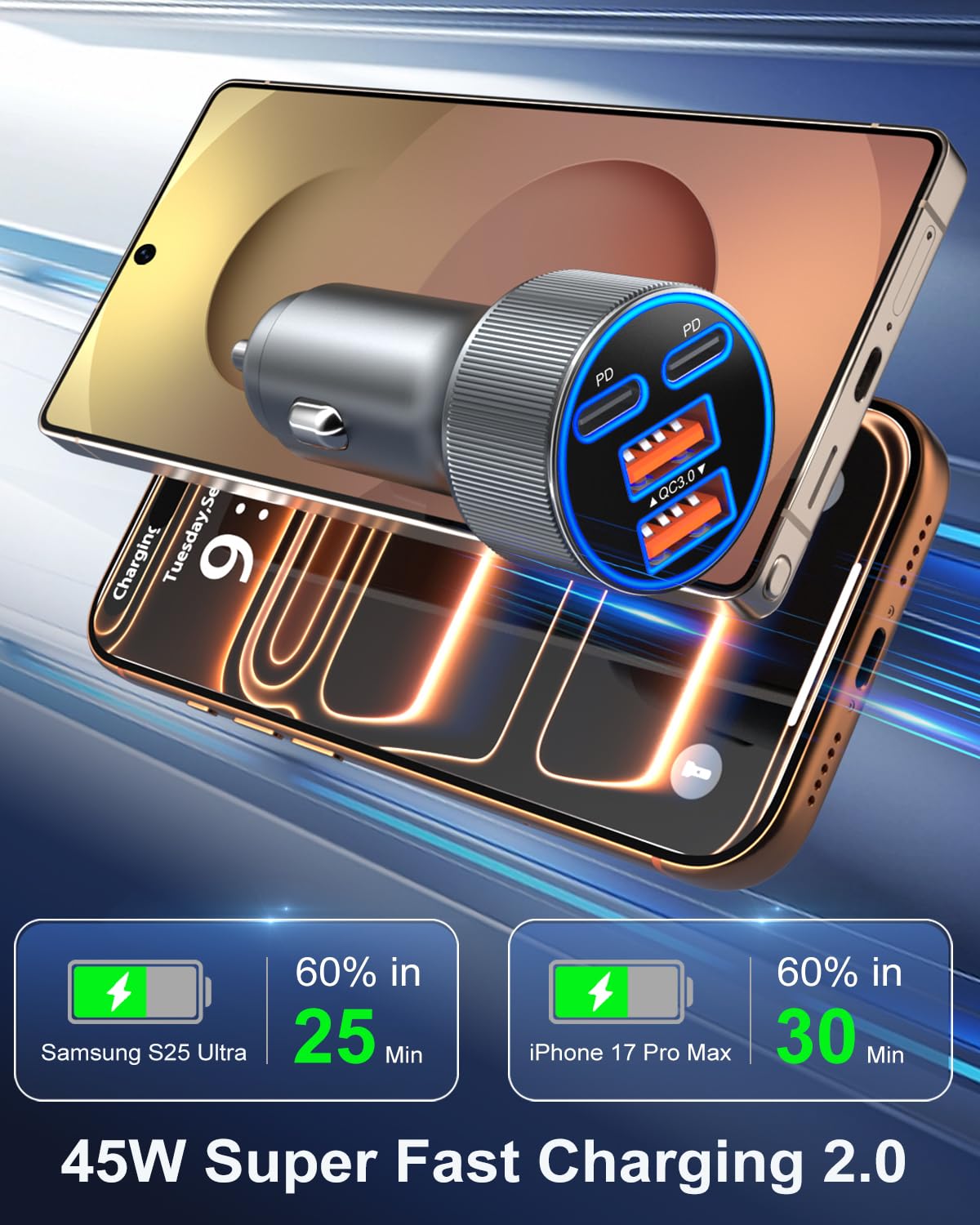 Cargador de coche USB C, adaptador de encendedor de cigarrillos de carga súper rápida de 90 W, multipuerto, dual, 45 W, 12 V, USB-A y USB-C PD/QC 3.0, cargador de teléfono de coche rápido para iPhone