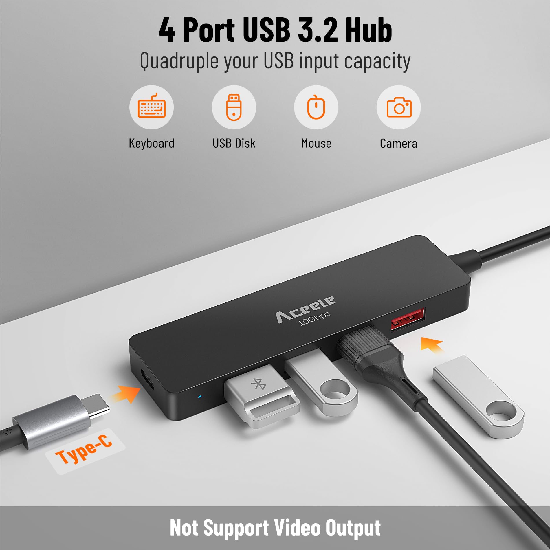 Aceele Hub USB A 3.2 Gen 2 z 4 portami USB-A i ładowaniem typu C, przedłużacz do transferu danych 10 Gb/s z kablem o długości 120 cm do MacBooka, laptopa, komputera stacjonarnego, Xbox, PS5