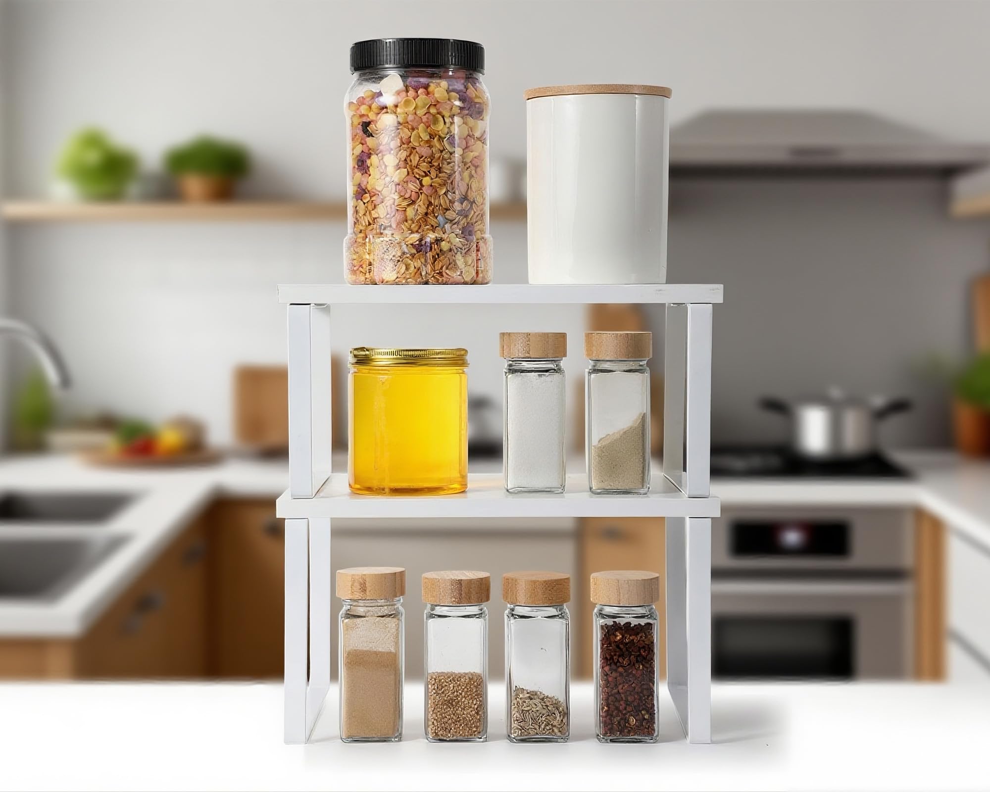 Marsui Set di 4 accessori da cucina per armadietti, mensole e piatti in bambù per scolapiatti, ripiani per portaspezie, piatti, coperchi per pentole, ciotole, tazze (bianco)