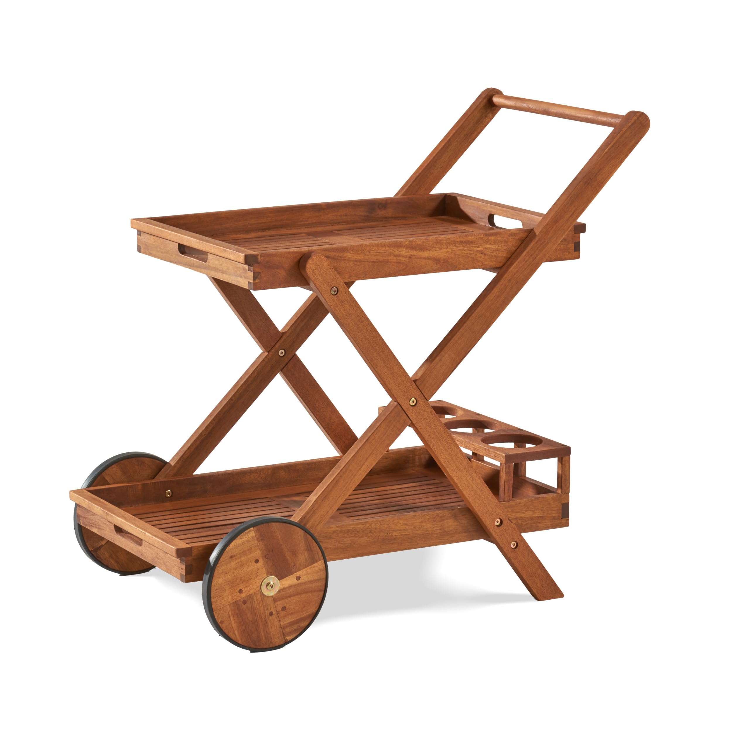 KHG Servierwagen aus Akazie-Massivholz braun auf Rollen, 2 Ablagen, obere als Tablett nutzbar, Flaschenhalter wetterfest geölt 51x76x81,5 cm