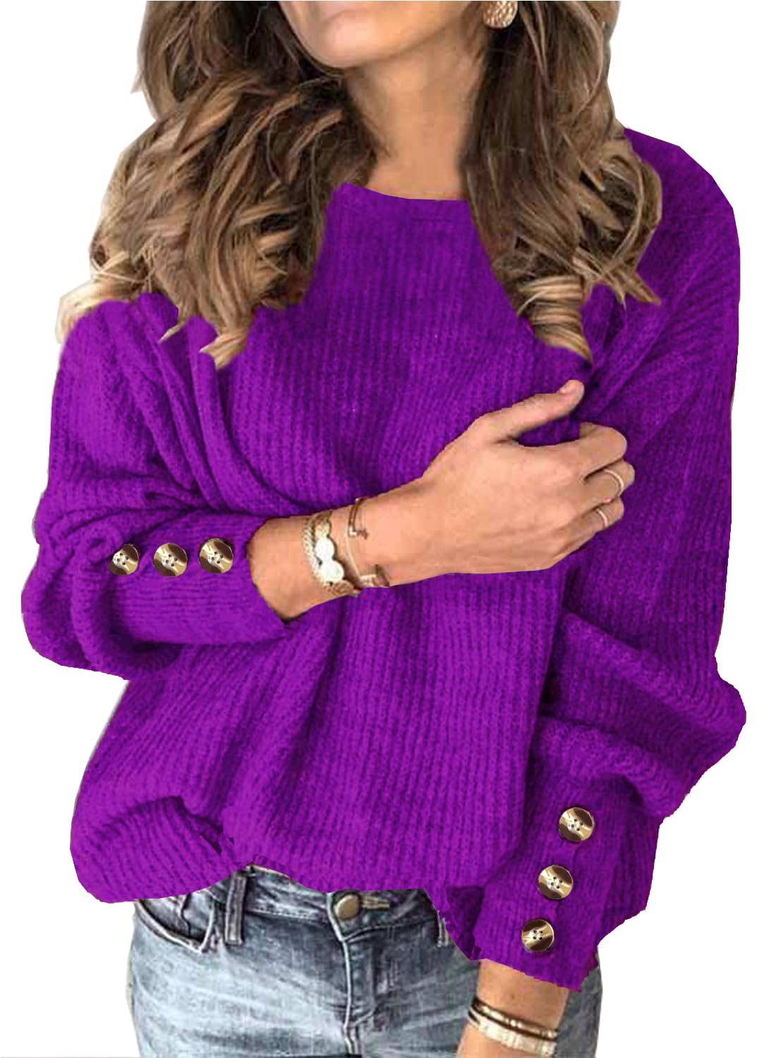 Womens Pullover Sweaters Batwing Long Sleeve Crewneck Casual Loose Knit Jumper Tops with Buttons