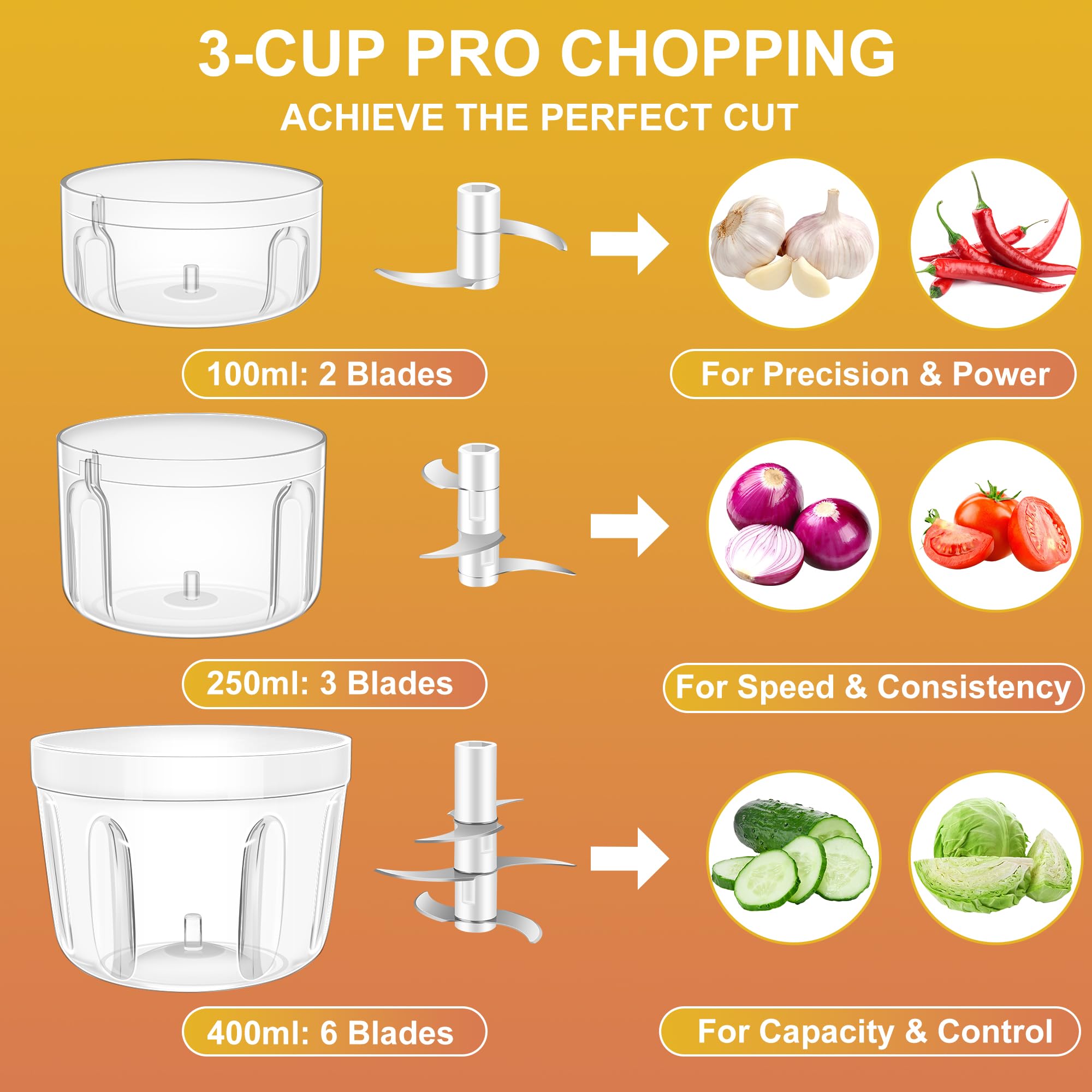 Picadora de ajo eléctrica de 100 + 250 + 400 ml, picadora de ajo de 6 cuchillas, mini picadora de verduras portátil USB, molinillo de cebolla, procesador de alimentos pequeño para jengibre, chile