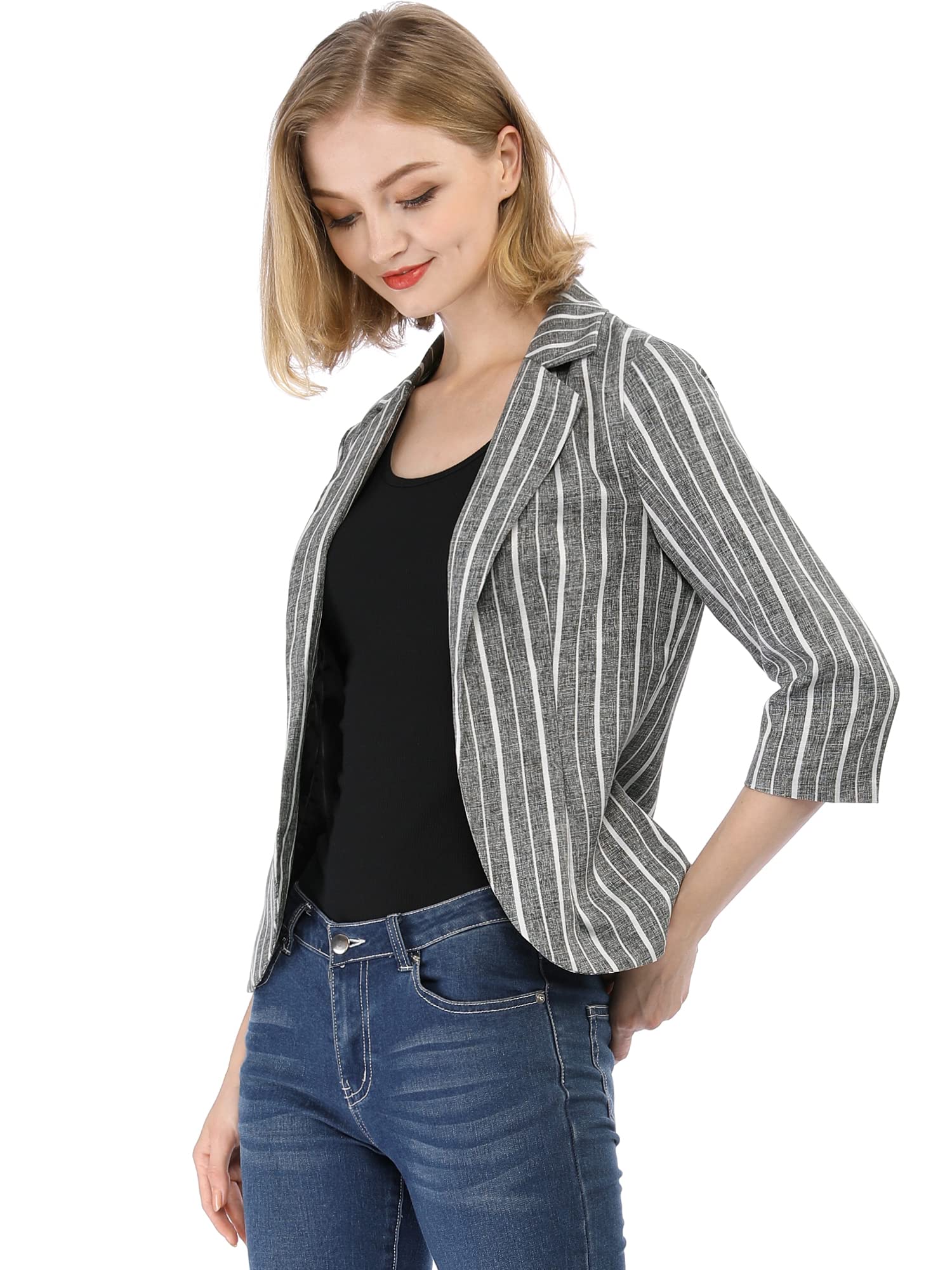 Allegra KWomen's Striped Open Front Work Office 3/4 Sleeves Casual Notched Lapel Blazer