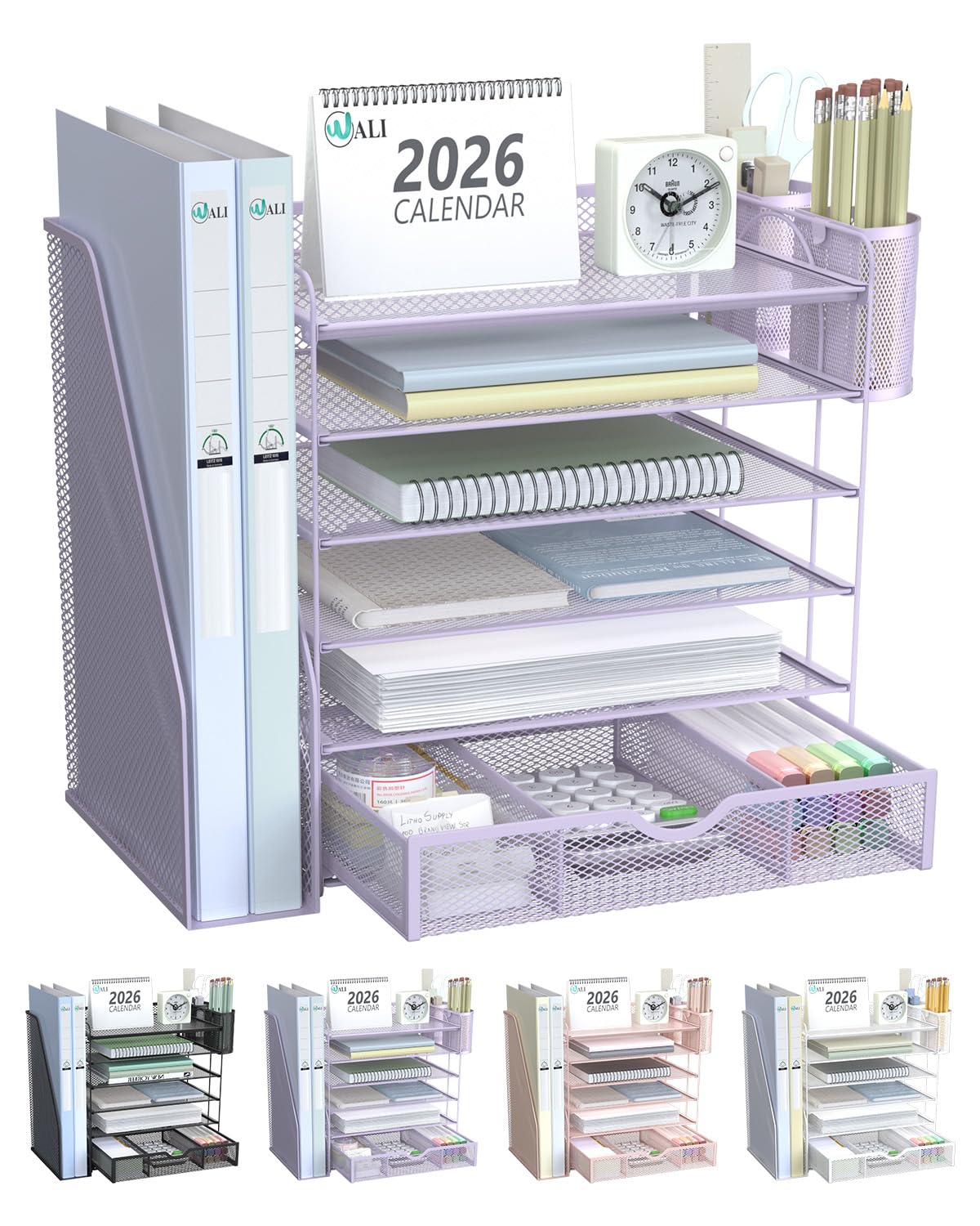 WALI Desk File Organizer, 6 Tier Desktop Paper Letter Tray Organizer with Drawer and 2 Pen Holders, Office Desk Accessories &amp; Workspace Organizers for Office, Home Supplies(DO007DH-V), 1 Pack, Purple