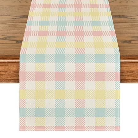 Artoid Mode Blue Pink Yellow Buffalo Plaid Easter Table Runner, Daily Holiday Check Kitchen Dining Table Decoration for Home Party Outdoor 13x72 Inch