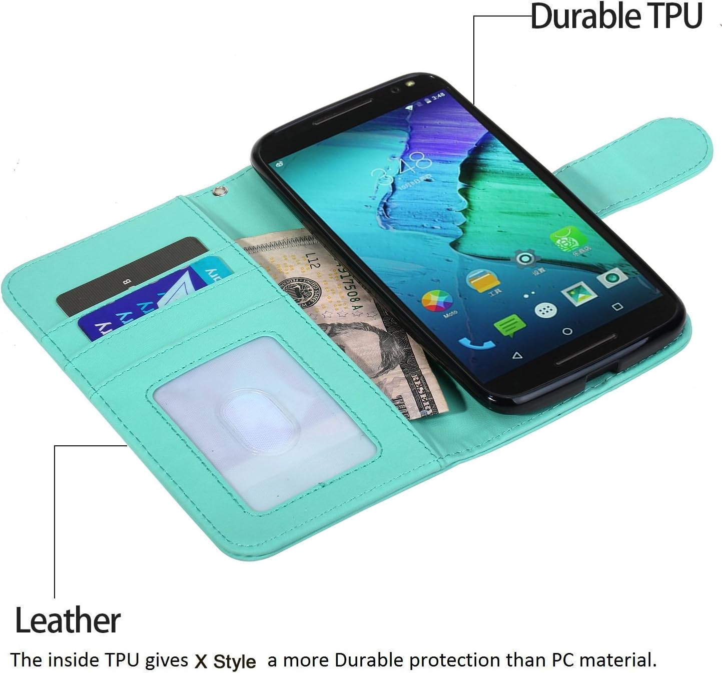 Style4U Moto X Pure Edition Case, Moto X Style Case, Premium PU Leather Stand Wallet Case with ID Credit Card/Cash Slots for Motorola Moto X Style/Pure Edition (2015 Release)+1 Stylus [Mint Green]