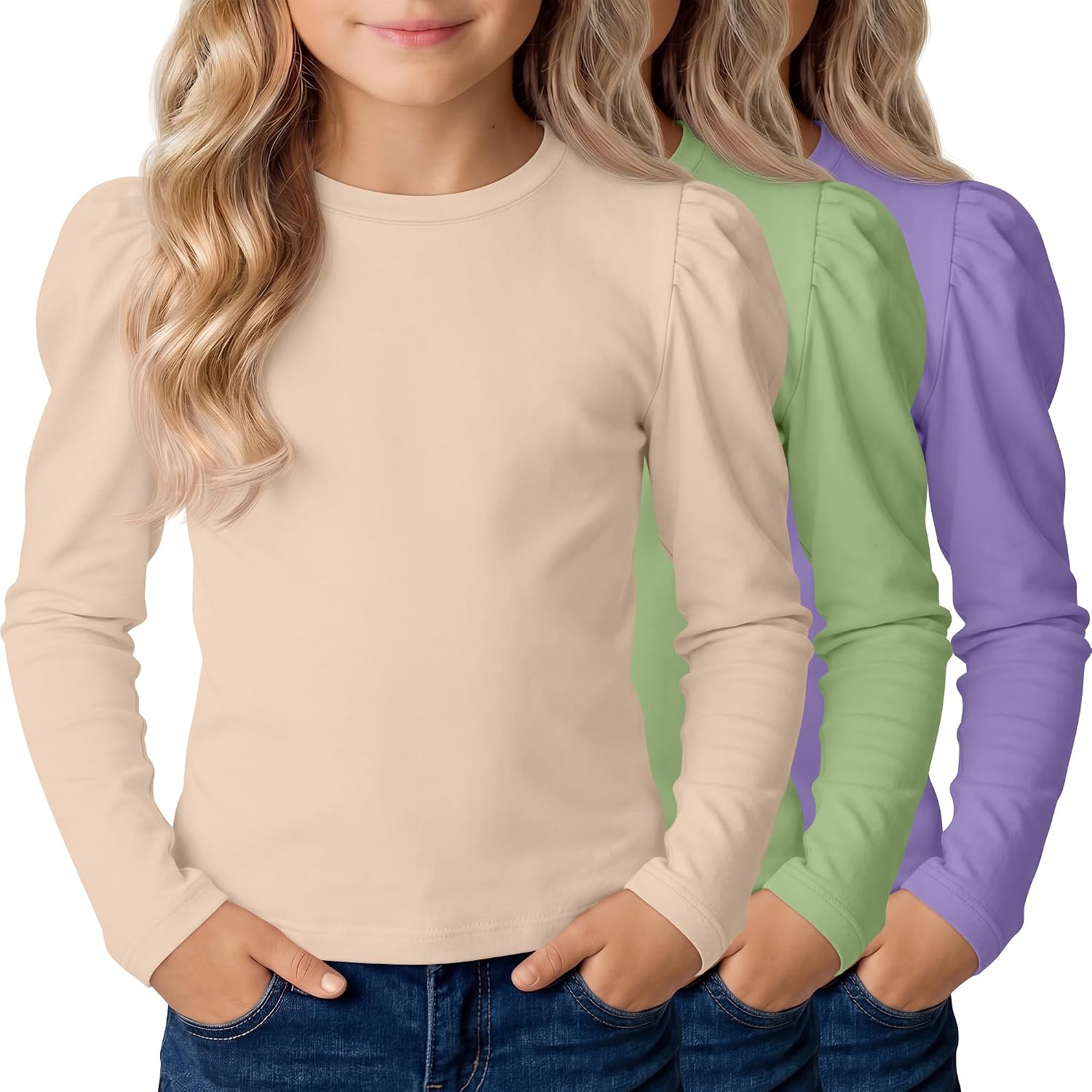 3 Pack Girls Puff Long Sleeve Shirts Crew Neck Layering Tops Basic Kids Casual Tees Cute Solid Fall Undershirts