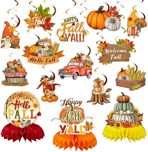 Decoraciones colgantes de otoño, espirales colgantes de calabaza, espantapájaros, hojas de arce, serpentinas de techo para cosecha de Acción de