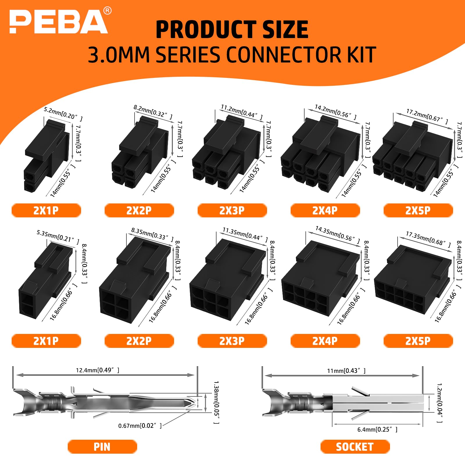 PEBA Set di pinze crimpatrici Micro-Fit 3.0 con 2 – 10 pin, 2 file, prese e connettori, 0,03 – 0,5 mm², pinza precisa per griglia da 2,0 – 3,0 mm, compatibile con terminali Molex Micro-Fit, Dupont