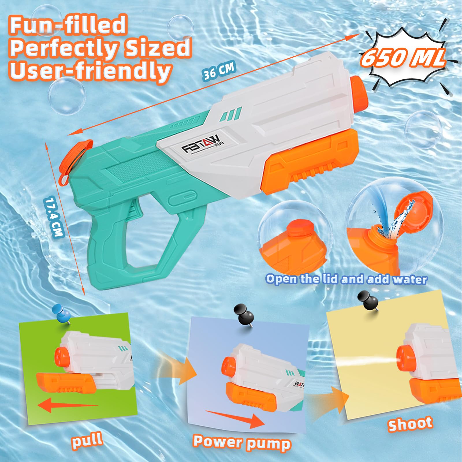 2 pistole ad acqua da 650 ml per bambini e adulti,4 modalità di spruzzo,raggio 8-11 metri,design accattivante.per battaglie d'acqua in piscina,spiaggia e giardino.Regalo per ragazzi e ragazze dai 3+