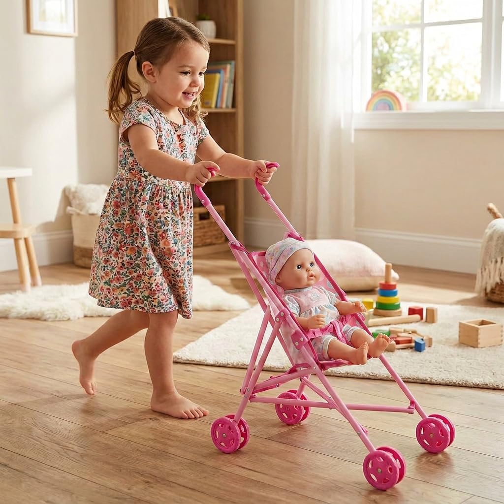 Passeggino per Bambole Pieghevole a Ombrello, Carrozzina per Bambole con Cintura di Sicurezza Integrata, Ruote Doppie, Leggero e Facile da Riporre, Giocattolo per Bambine