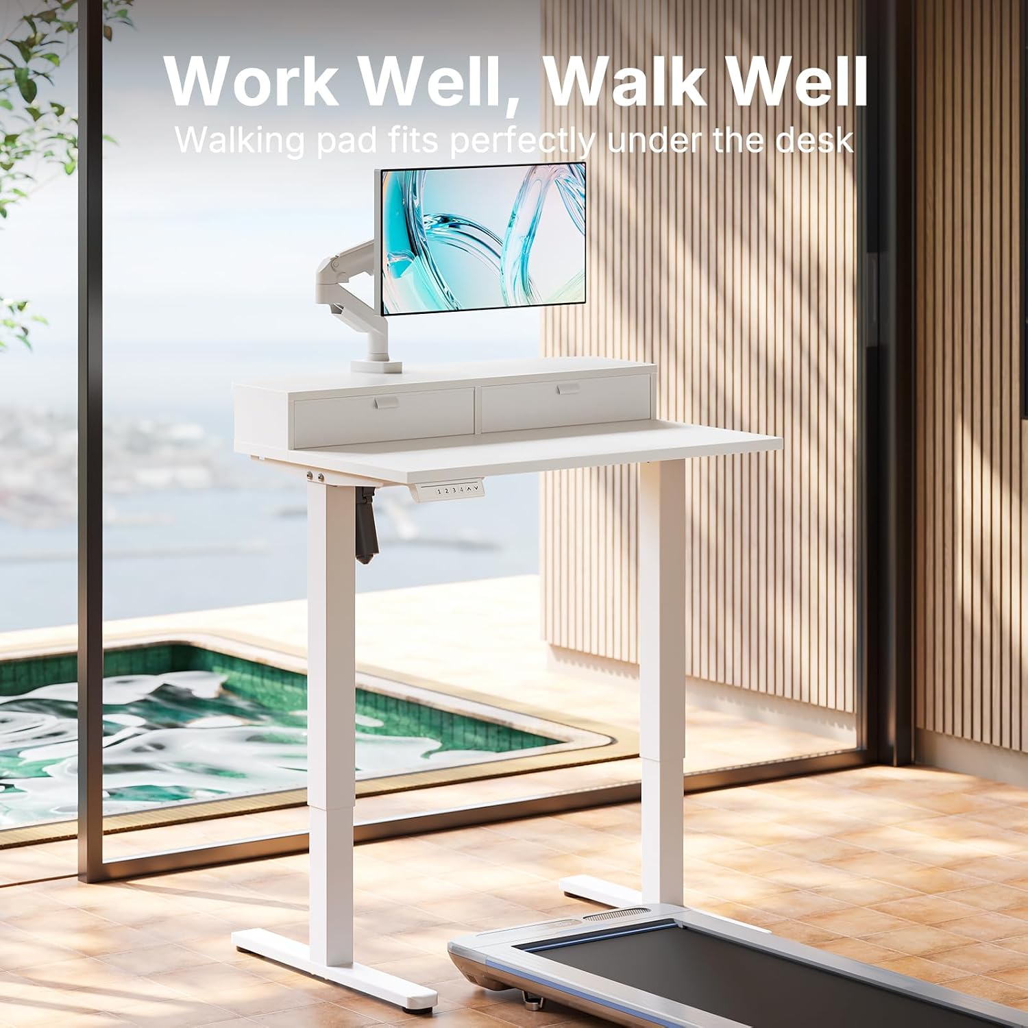 HUANUO 32 x 21 inch Small Electric Standing Desk with 2 Drawers, C-Clamp Mount Compatible, Height Adjustable Sit Stand Desk, Home Office Stand Up Desk with 4 Memory Height Settings, White - 3