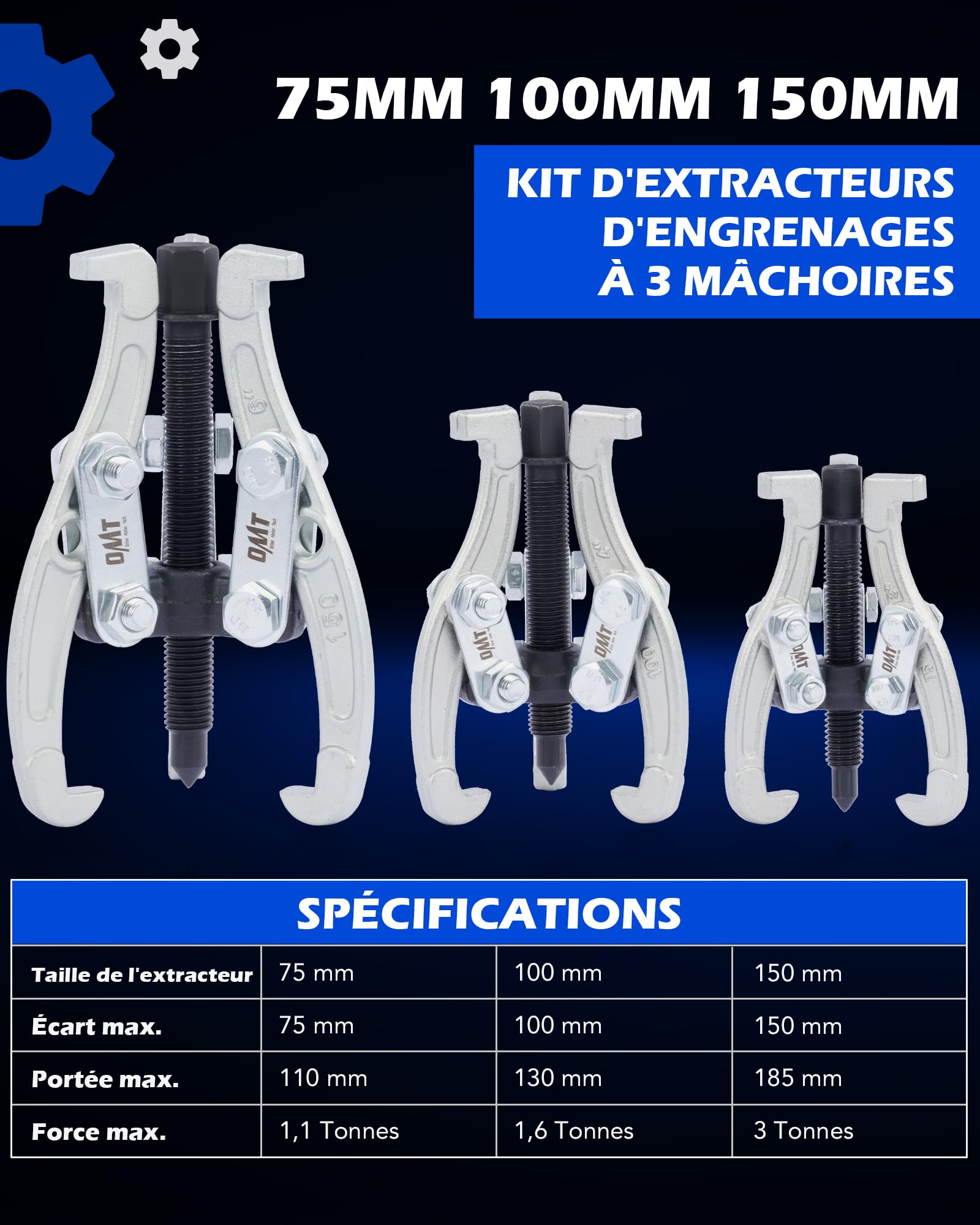 Orion Motor Tech 3 Pièces Extracteurs de Roulement à 3 Mâchoires 75mm 100mm 150mm 3 Bras Mâchoires Réversibles pour Démontage Arrache de Roulement Extérieur Intérieur