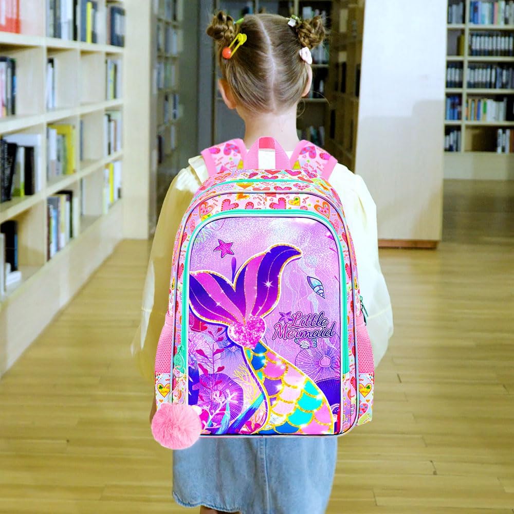 UFNDC 3PCS Girls Mermaid Backpack Set with Lunch Box, 16" Water Resistant Rainbow Fishtail School Bag for Elementary Preschool
