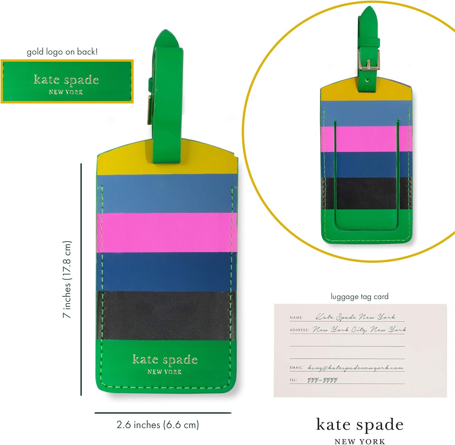 Kate Spade New York Vegan Leather Luggage Tag for Women, Durable Suitcase ID Tag, Enchanted Stripe - Image 3