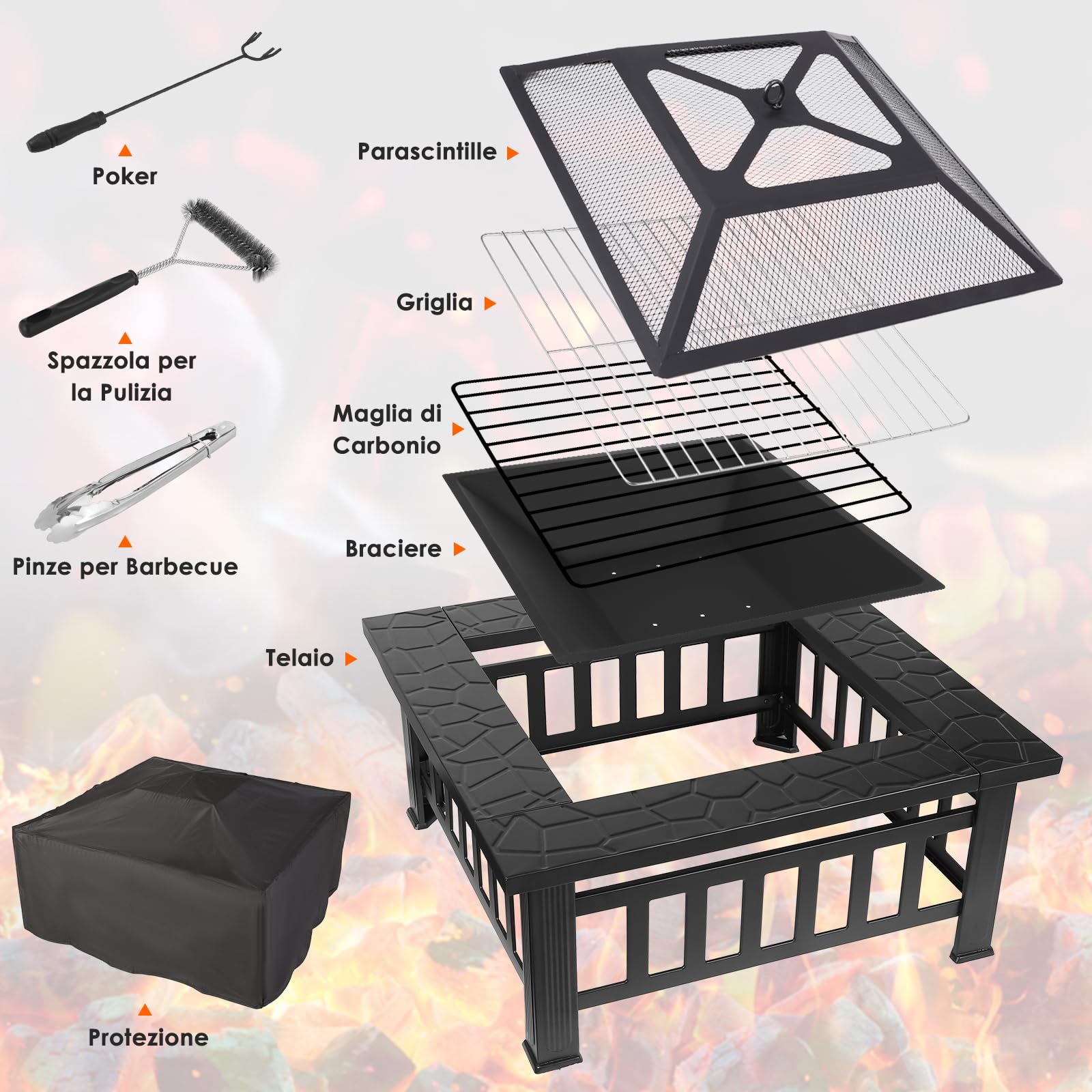 LIFERUN Braciere Barbecue con Griglia Esterno, 81cm Braciere da Giardino | Braciere da Esterno in Ferro,con Griglia, Attizzatoio,Parascintille, Copertura Impermeabile,Pinze per Grill,Spazzola,4 Gamba