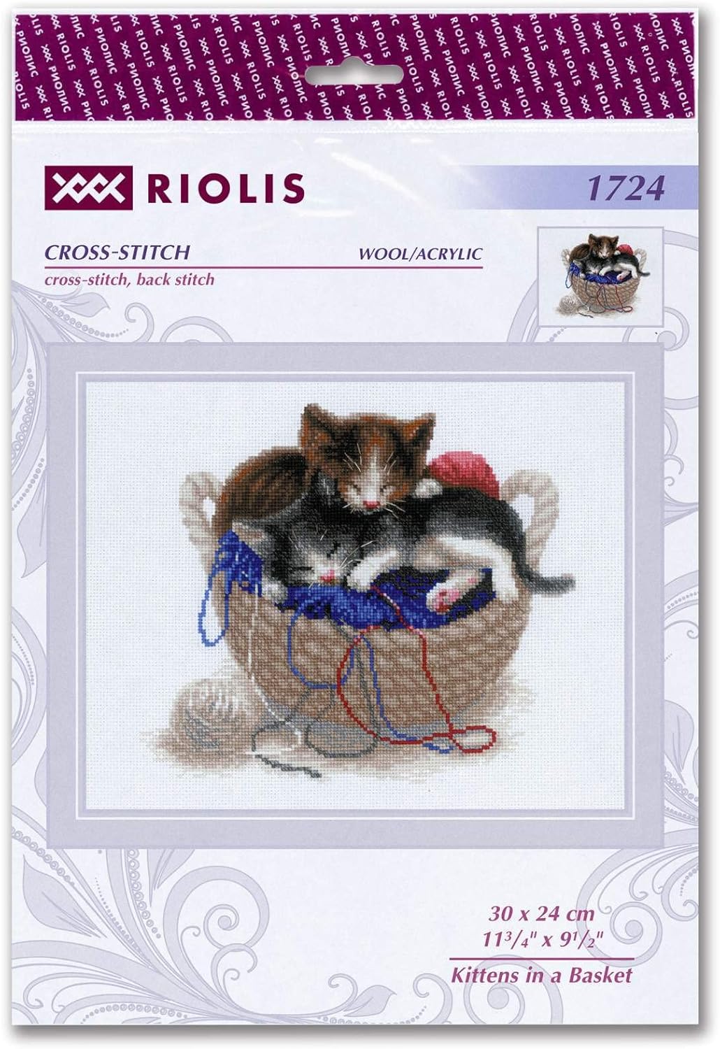RIOLIS - Kittens In A Basket 1724, Cat Lovers Cat Cross Stitch Kits 11,81" x 9,45", Cross Stitch Kits for Beginners & Advanced, Crossstitching Kits Adult, Counted Stitching Kits, Kitten Embroidery Kit