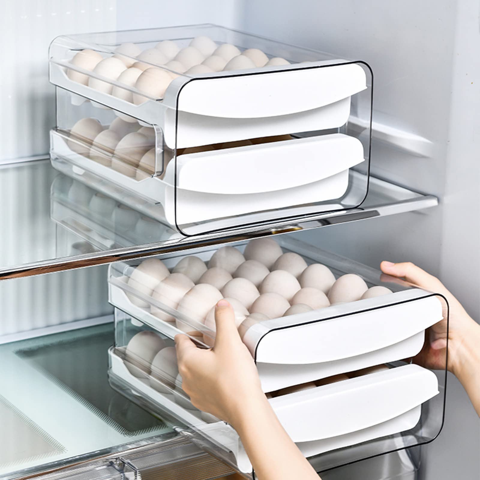 Refrigerador de cocina Cajón doble Caja de huevos Huevo en conserva, Huevo de pato, Organizador Caja de almacenamiento Caja de almacenamiento transparente de doble capa apilable (Tamaño: 27.5 * 22 *