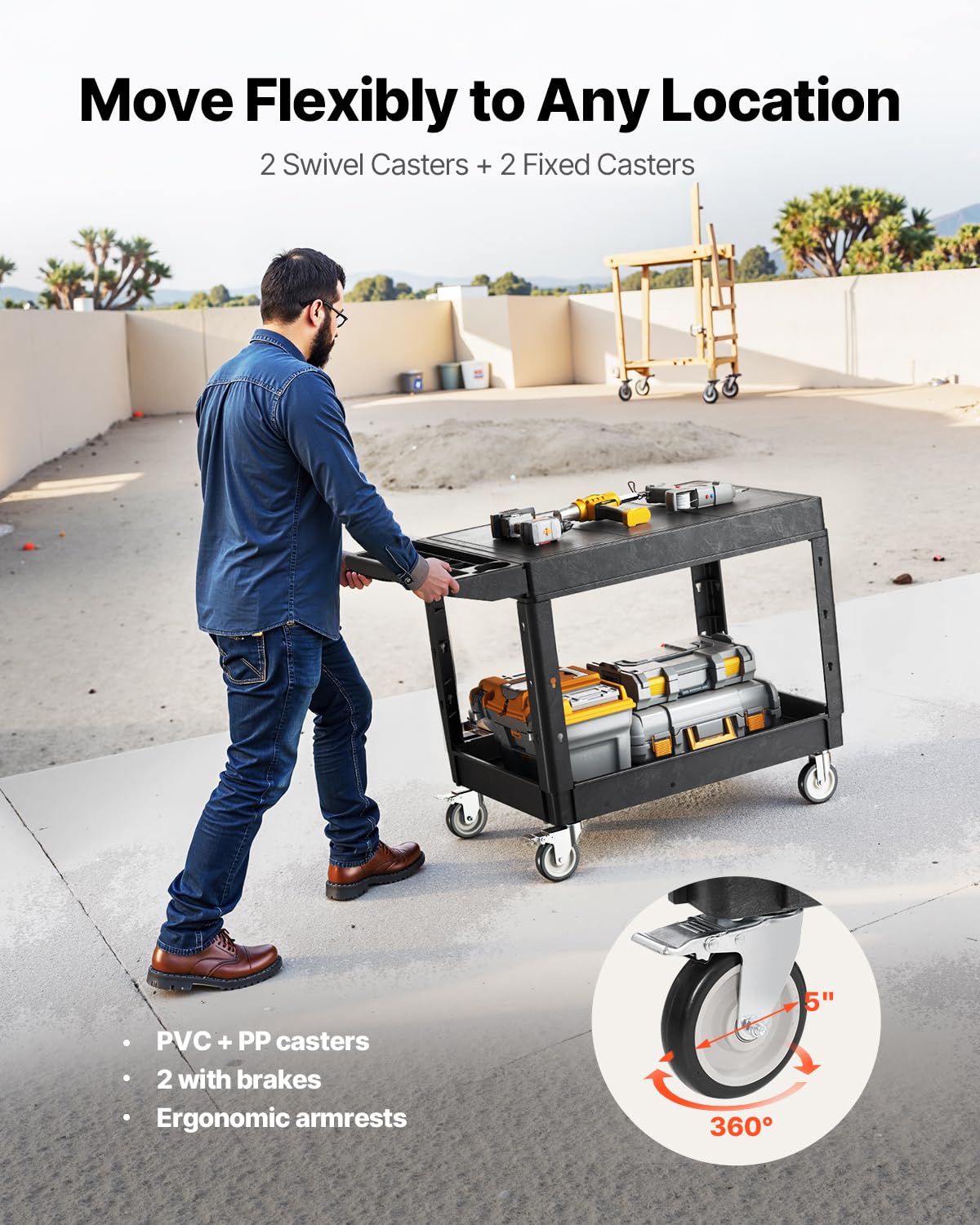 VEVOR Carrello Portaoggetti in Plastica Resistente a Due Ripiani con Ruote Girevoli a 360° Carrello di Servizio da 940 x 645 mm Capacità di Carico di 250 kg Adatto per Magazzino, Garage, Pulizia