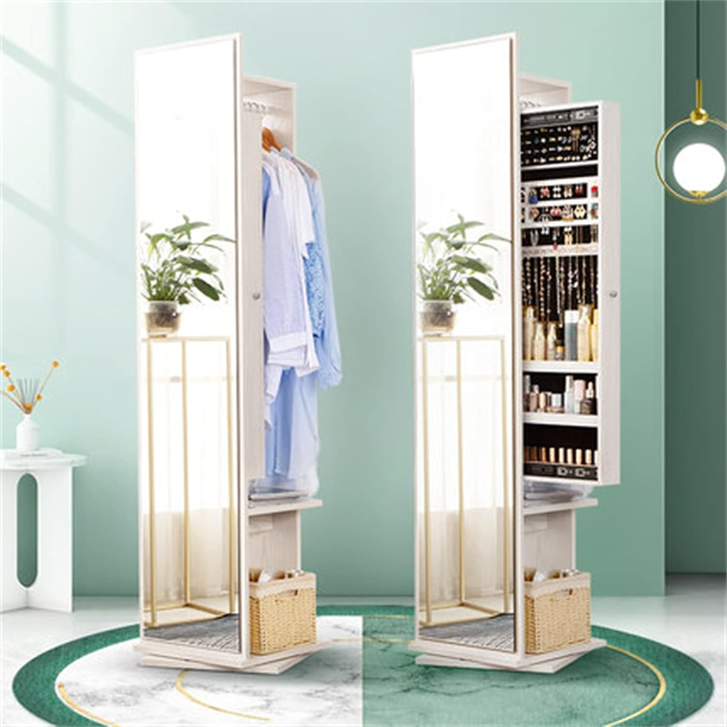 Floor Full-length Mirror Multifunctional Rotatable Hanger Integrated Storage Cabinet Household Mirror (Color : Natural Size : 160x35x39cm)