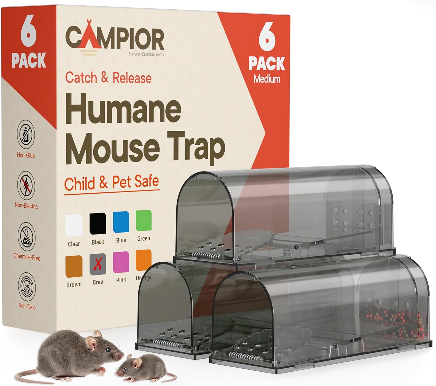 Campior Humane Mouse Trap Pack of 6, Live Mouse Traps Catch and Release for Indoors & Outdoors, Pet & Child Safe, 6.69" Reusable Plastic Mouse Cage with Spring Door, Cleaning Brush Included, Gray