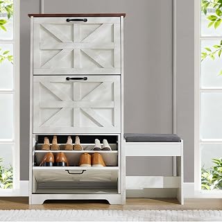 Entryway Shoe Storage Cabinet in White – 3-Layer Farmhouse Design with Bench, Flip-Up Doors & Hidden Organizer (Slim Space-Saving)