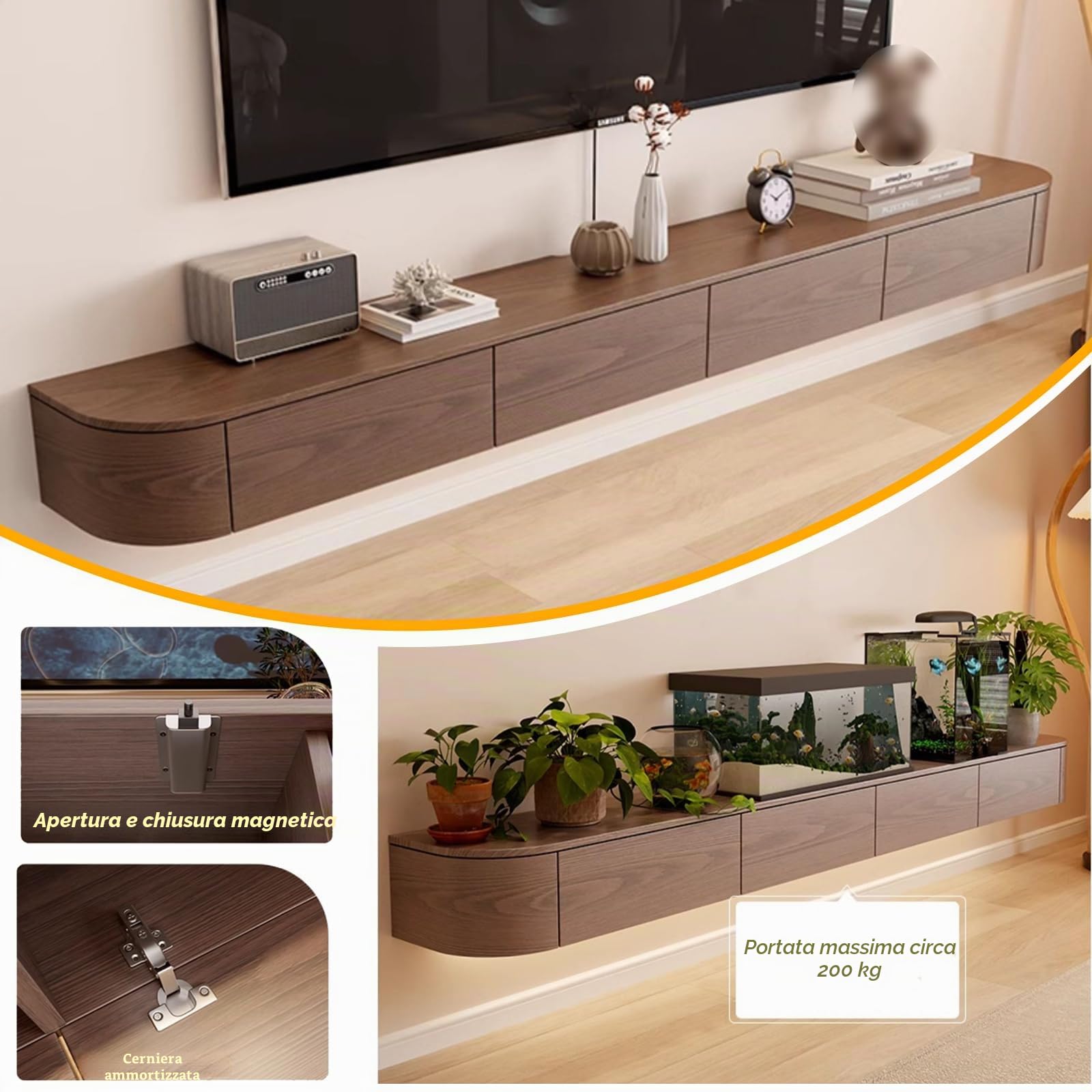 Mobile TV flottante, support TV montato con ante a ribalta e porta laterale, banco di stoccaggio sotto la televisione, per camera da letto e soggiorno (bianco + LED, 160 cm)
