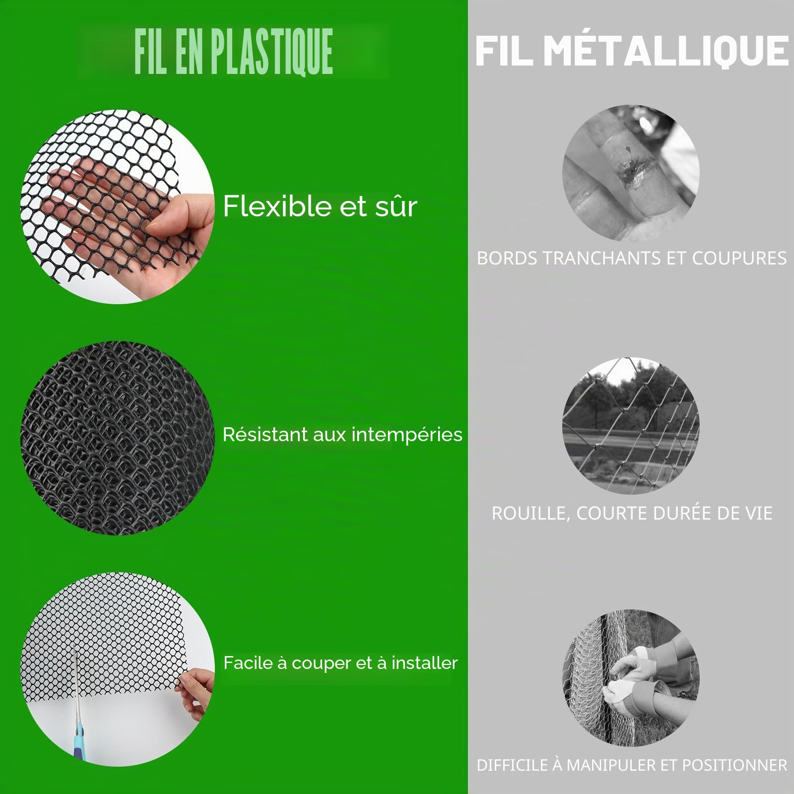 Rouleau de clôture en plastique noir – Rouleau de grillage en plastique de 8 mm pour clôture de jardin, clôture pour chien, clôture de balcon et clôture temporaire (40 cm x 10 m)