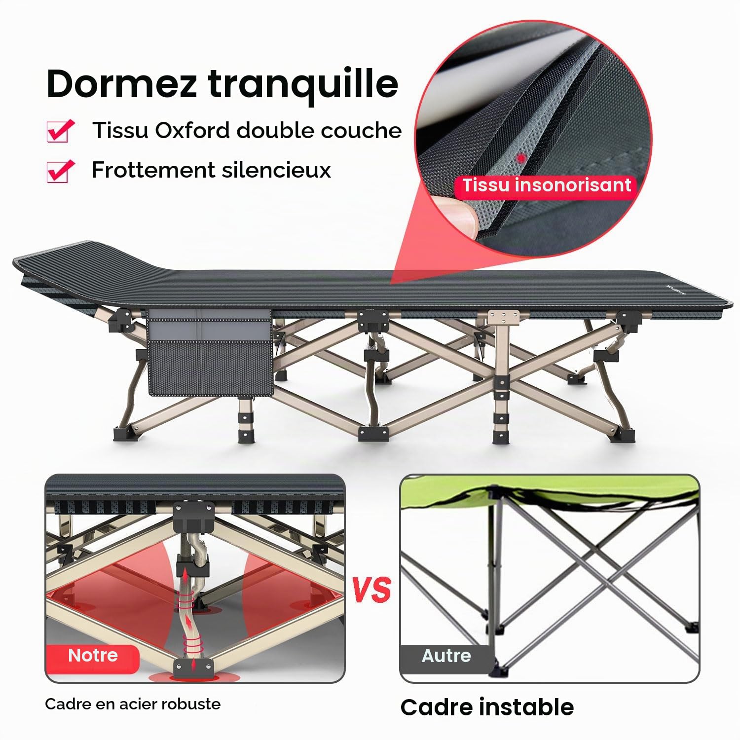 ATORPOK SHOP Lit de camp pliable jusqu'à 200 kg pour l'extérieur, le jardin et l'intérieur