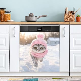 Snow Field Cat Magnetic Dishwasher Cover 23 x 26 in，Reuseable Refrigerator Magnet Cover Kitchen Decoration 1 Pack