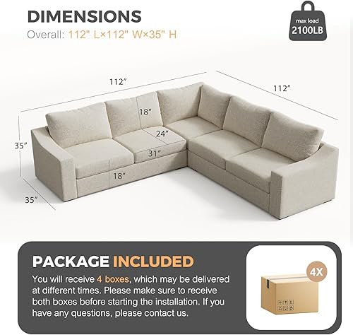 Miniatura 2 de Eluchang Sofá seccional convertible, sofá en forma de L con asientos extra profundos, tela de lino natural, sofá de esquina moderno y cómodo para