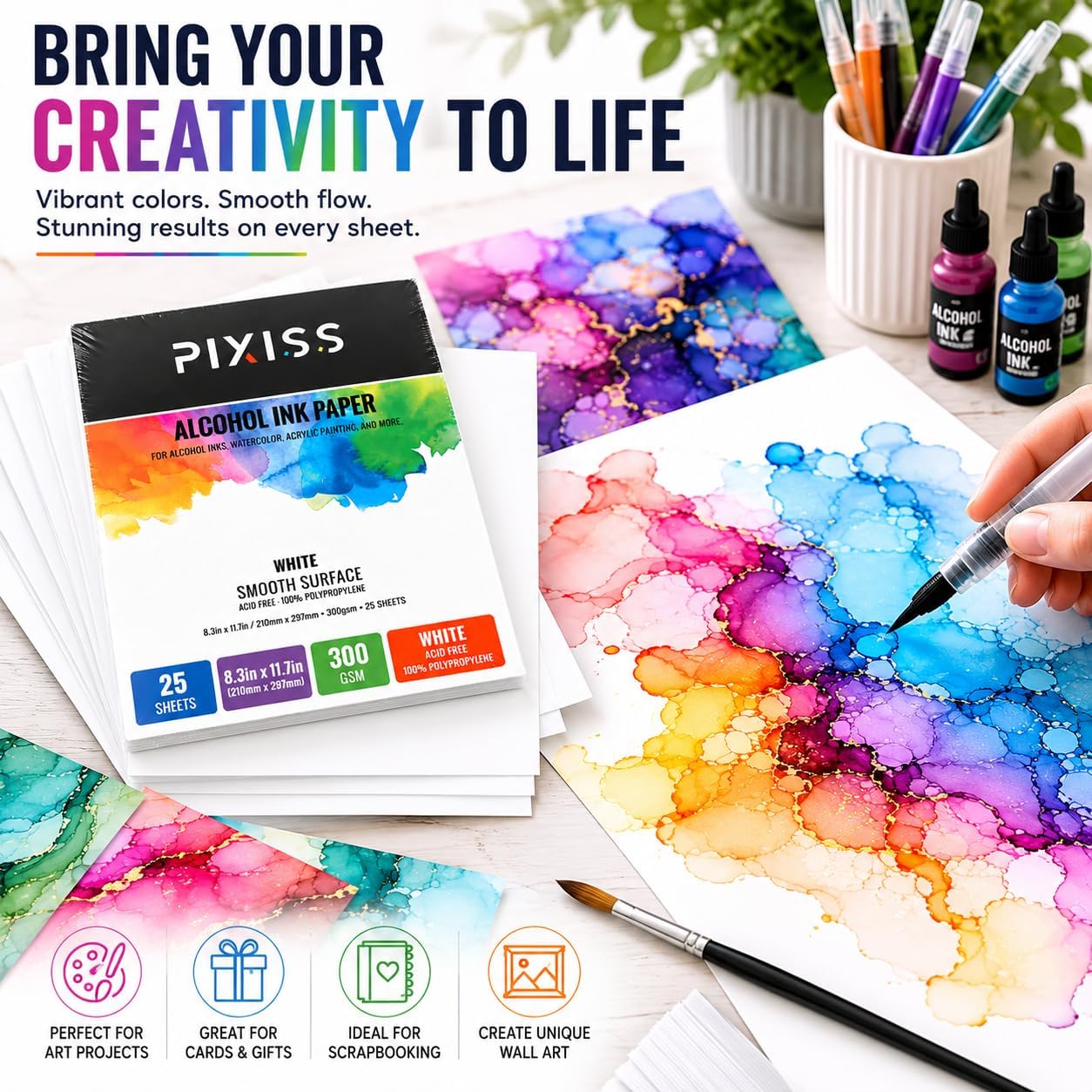 White Alcohol Ink Paper - 25 Sheets Pixiss Heavy Weight Art Paper for Alcohol Ink & Watercolor - Extra Smooth Synthetic Paper A4 8x12 inches, 300gsm image 5