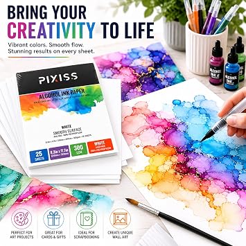 White Alcohol Ink Paper - 25 Sheets Pixiss Heavy Weight Art Paper for Alcohol Ink & Watercolor - Extra Smooth Synthetic Paper A4 8x12 inches, 300gsm